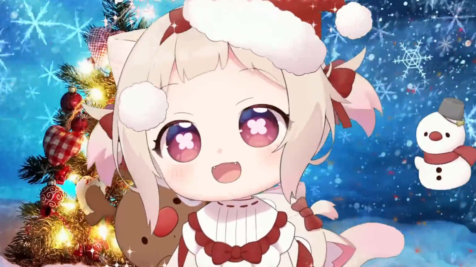 Snefyldt julebaggrund med et sødt anime-ansigt. Wallpapers