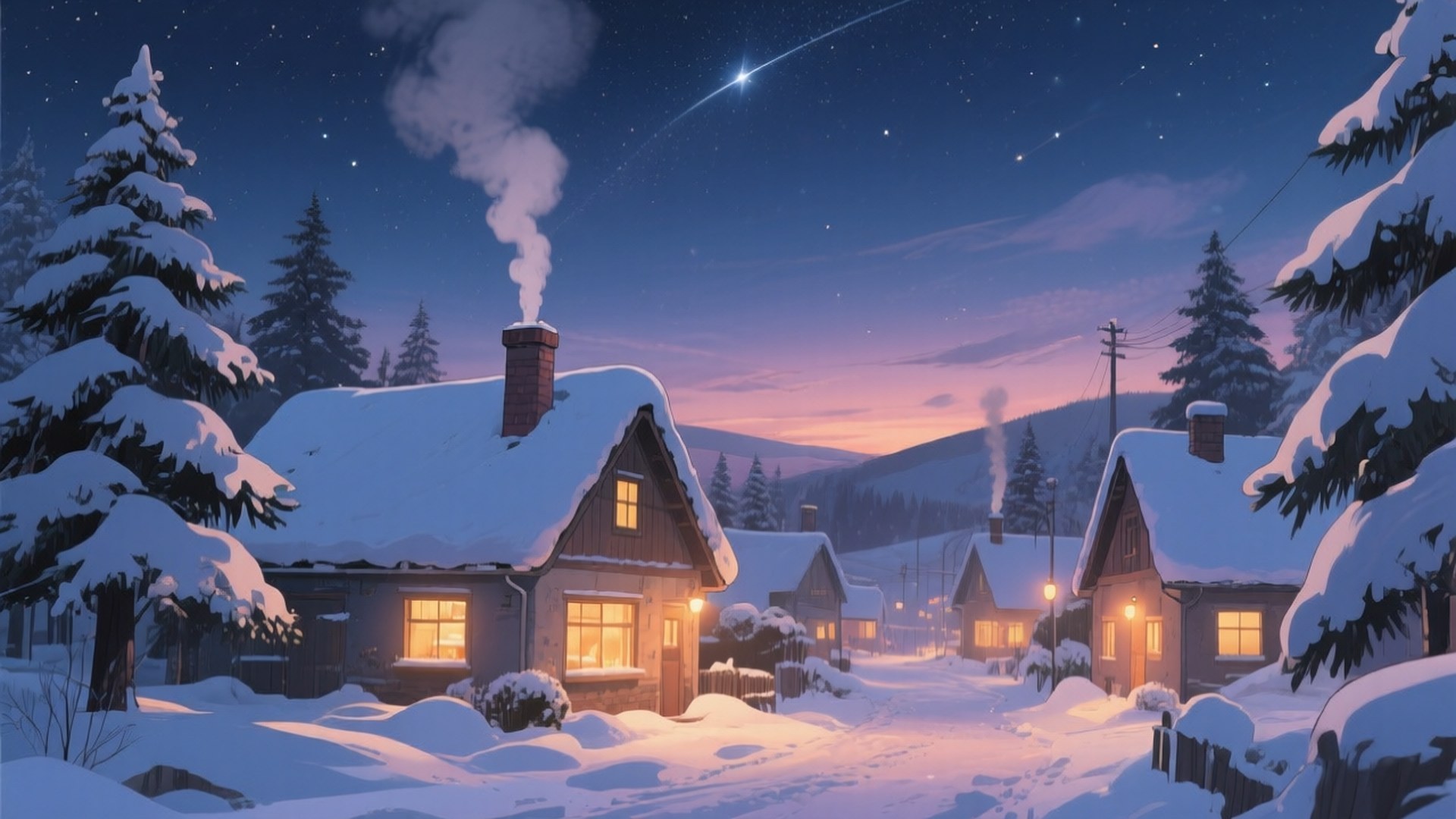Sneklædt landsby om aftenen Wallpapers