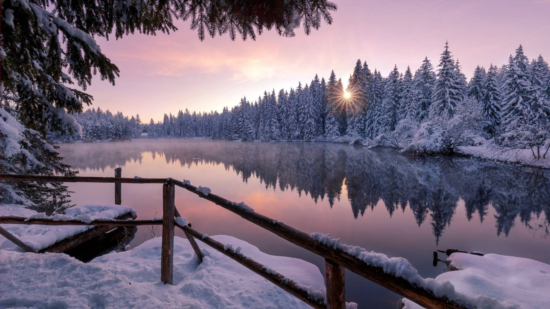 Sneklædt sø med æstetisk vinterstemning Wallpapers