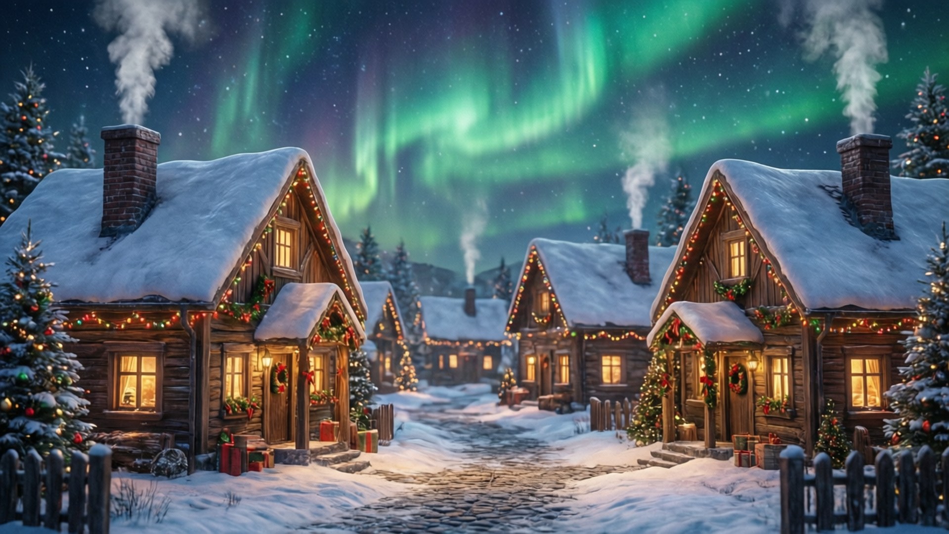 Sneklædt landsby med grøn jul Wallpapers