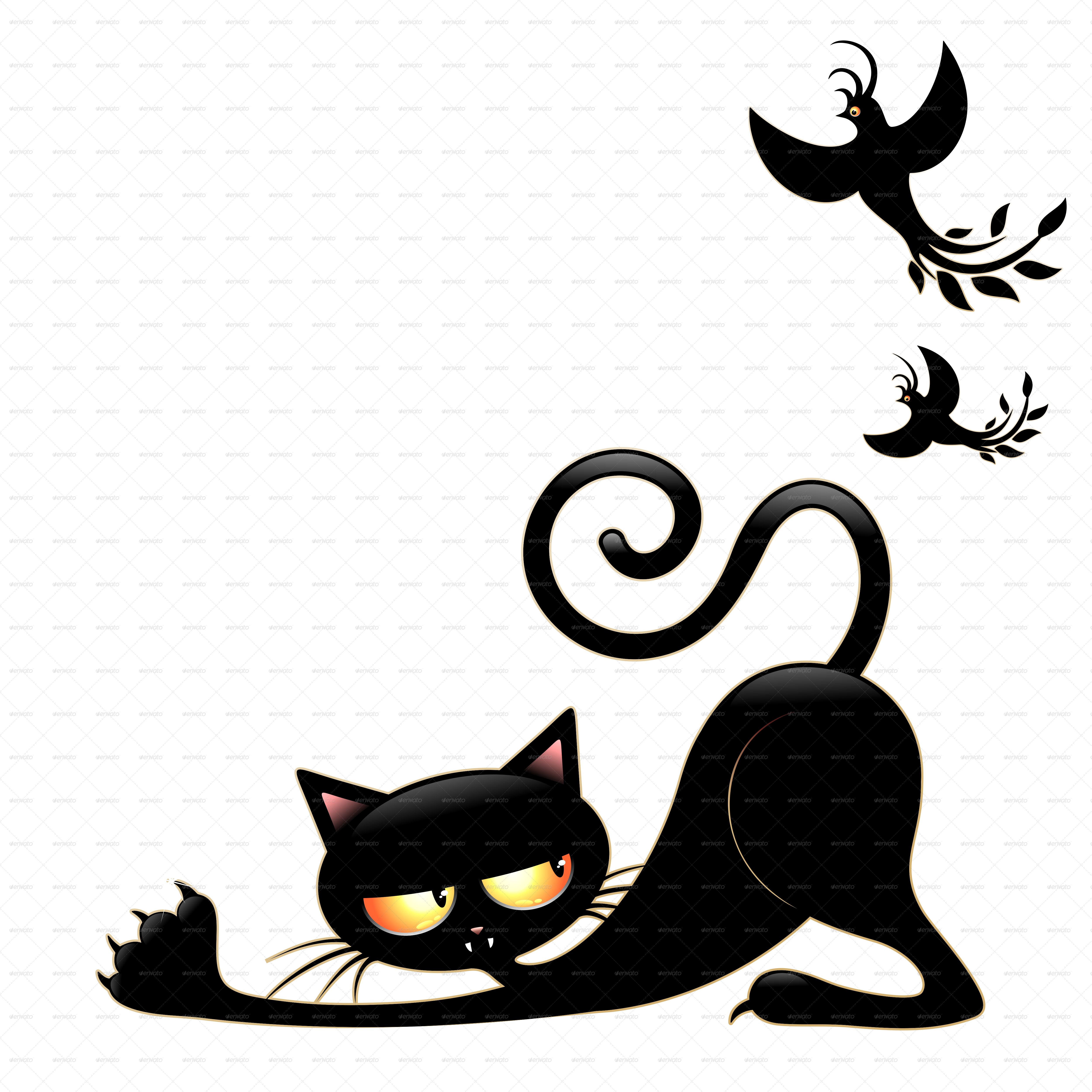 Snigende sort kat og fugle Wallpapers