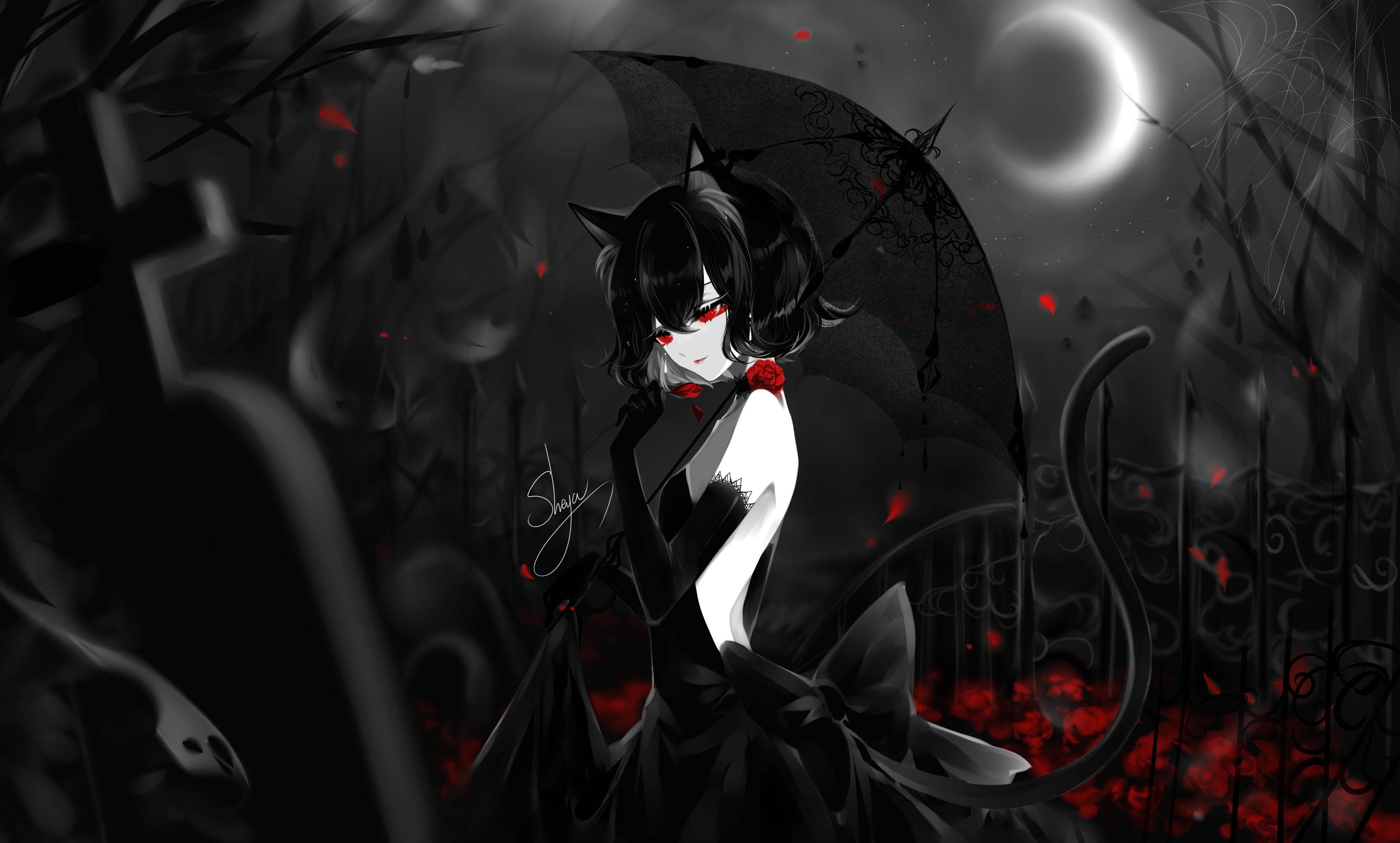 Sød anime kattepige sort/hvid profilbillede Wallpapers