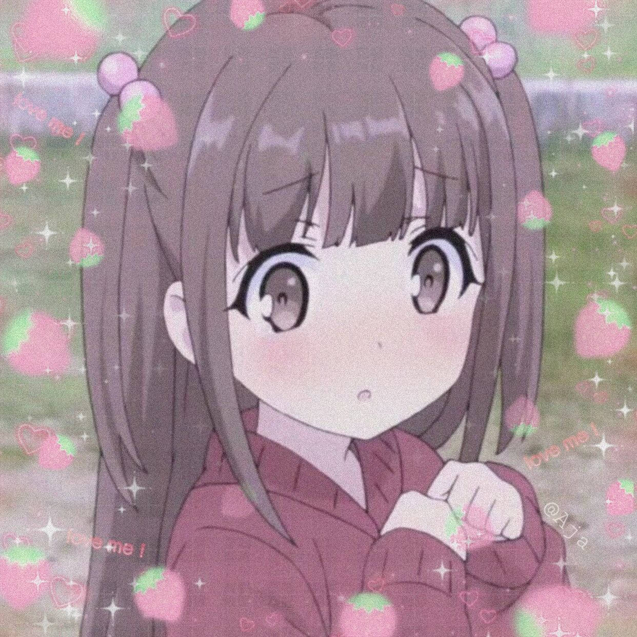 Sød anime-pige PFP Onnanoko med jordbær og hjerter Wallpapers