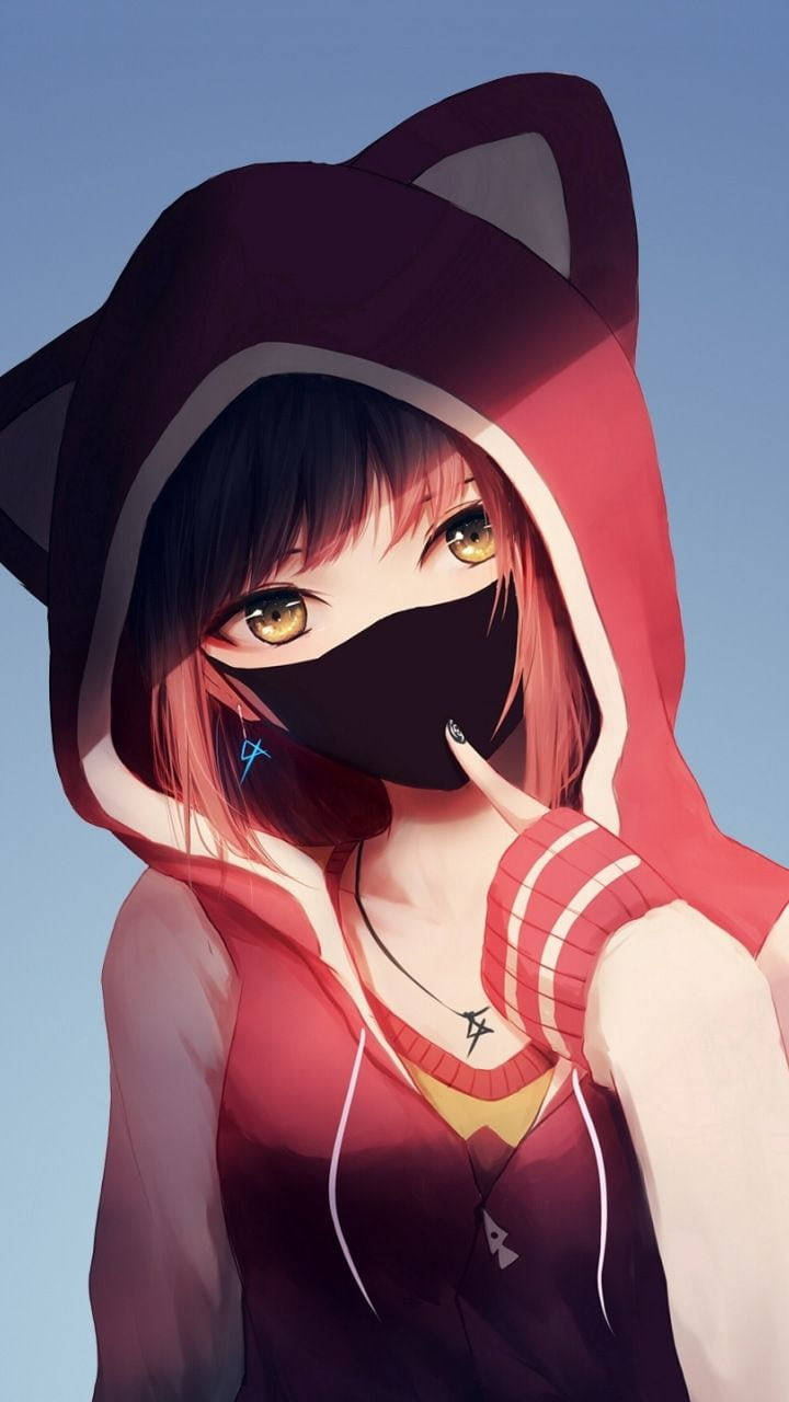 Sød animepige med pegefinger på maske iPhone Wallpapers
