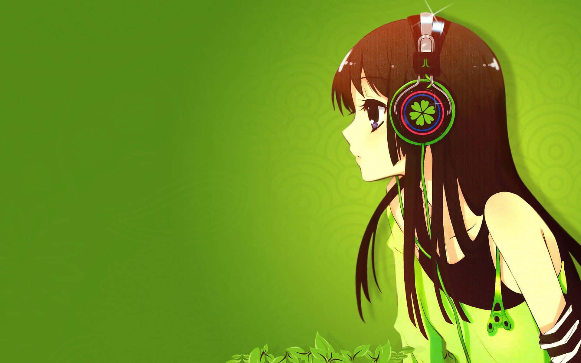 Sød grøn anime-pige med hovedtelefoner Wallpapers