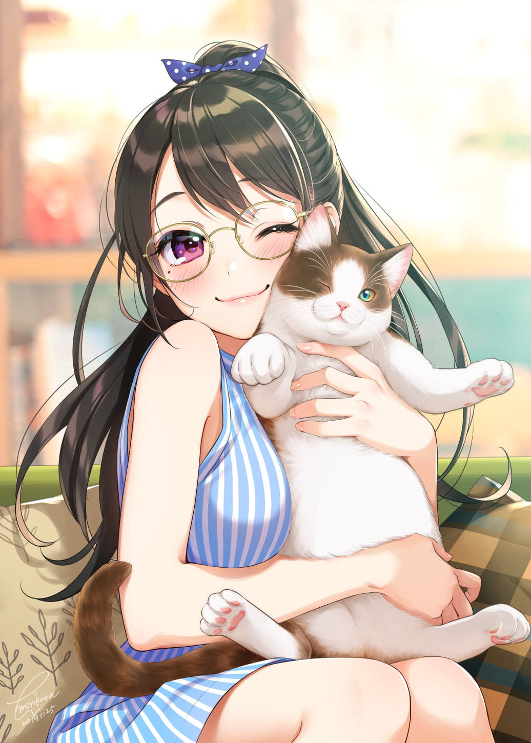 Sød kawaii anime-pige og kat Wallpapers