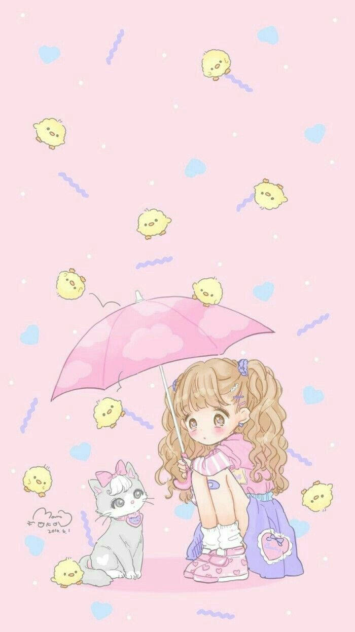 Sød kawaii-pige med sin kat Wallpapers