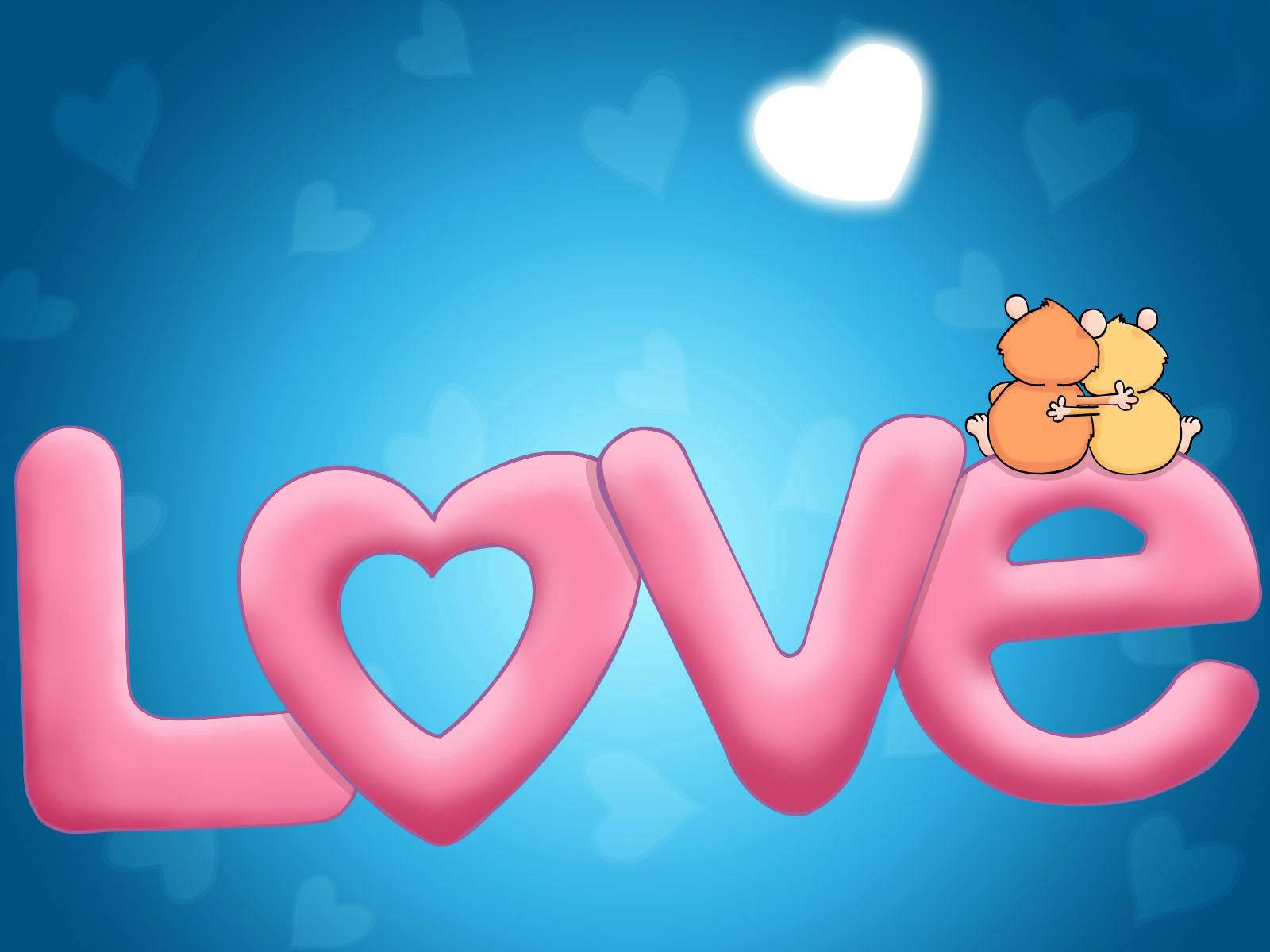 Pink "love" inskription med et par tegneseriekatte siddende ovenpå og krammer hinanden på blå baggrund med falmede hjerter. — Kærlighed Wallpapers