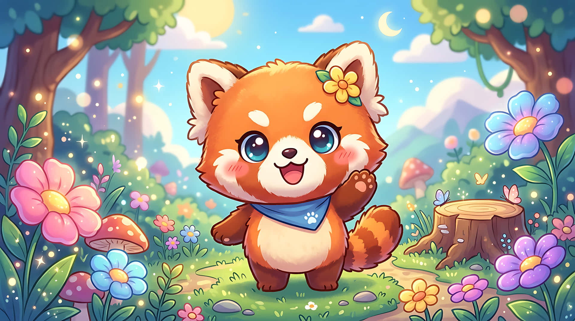 sød,panda,rød panda,tegneserie,kawaii,chibi,dyr,karakter,sødt dyr,tegneseriedyr,bedårende,pastel,farverig,fantasi,skov,natur,illustration,æstetisk,baggrund,4k