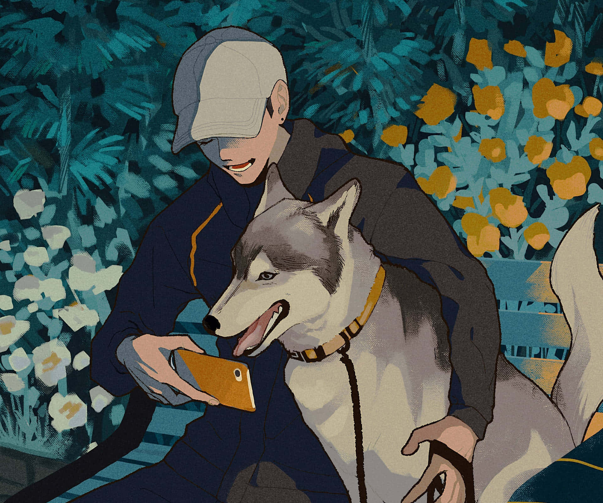 Sød tegneseriehund kigger på telefonen Wallpapers