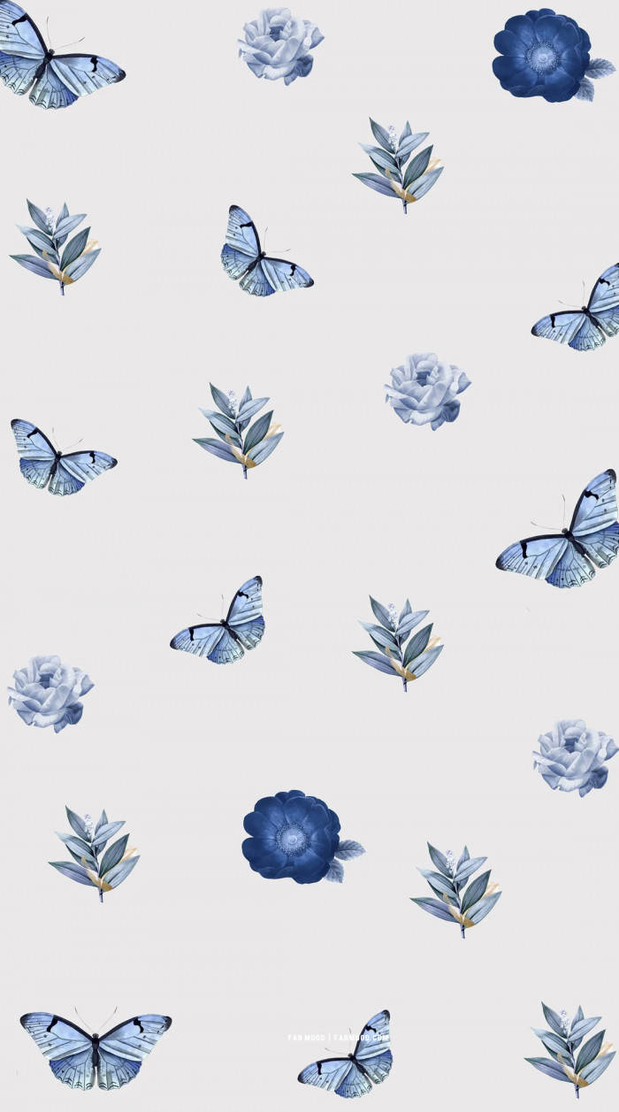 Søde blå sommerfugle og blomster Wallpapers