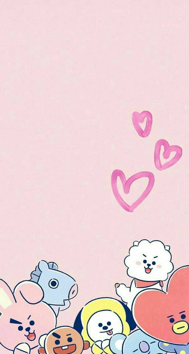 Søde BT21-figurer med hjerteomrids Wallpapers