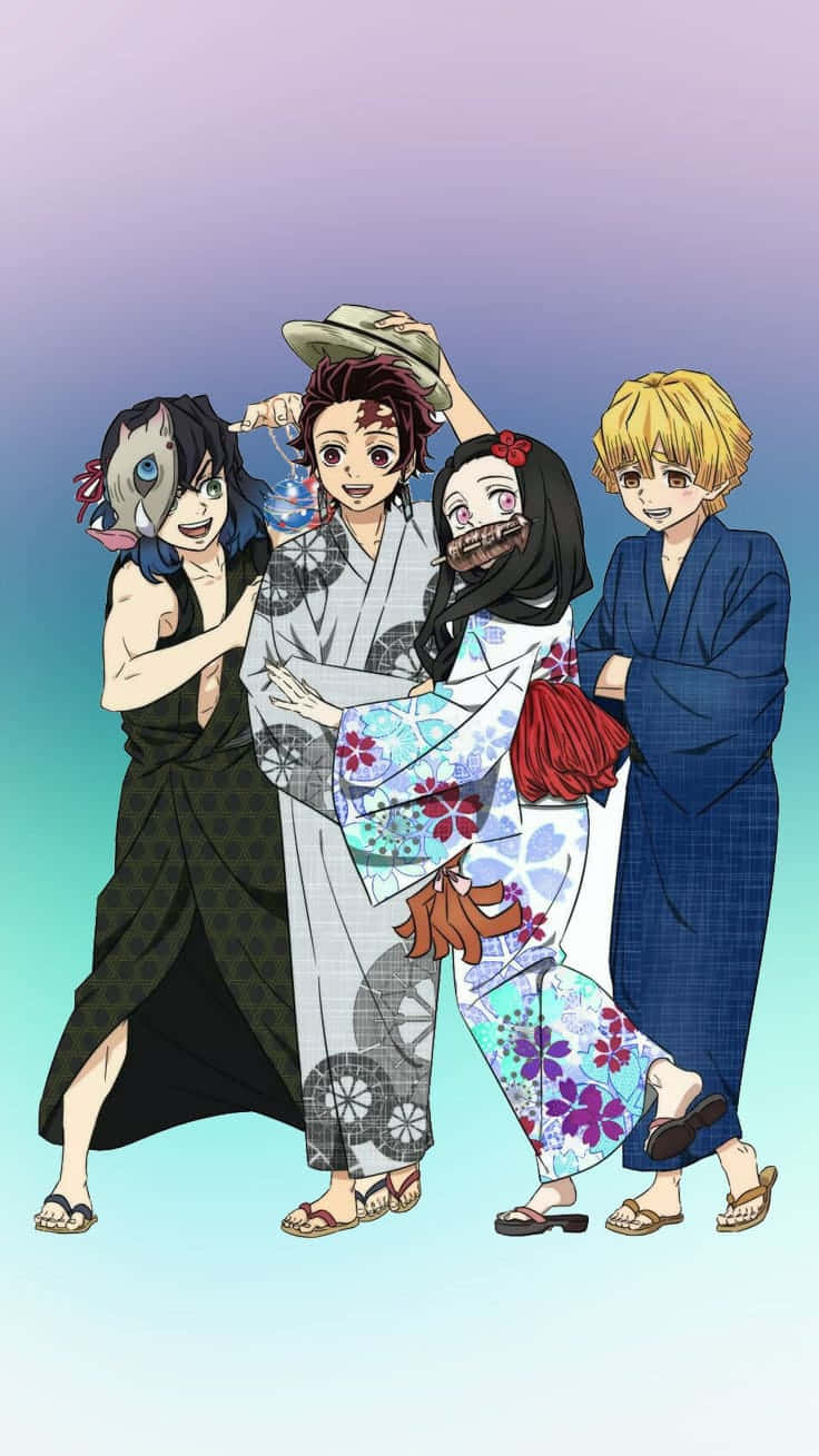 Søde Demon Slayer-karakterer Inosuke Tanjiro Nezuko og Zenitsu Wallpapers