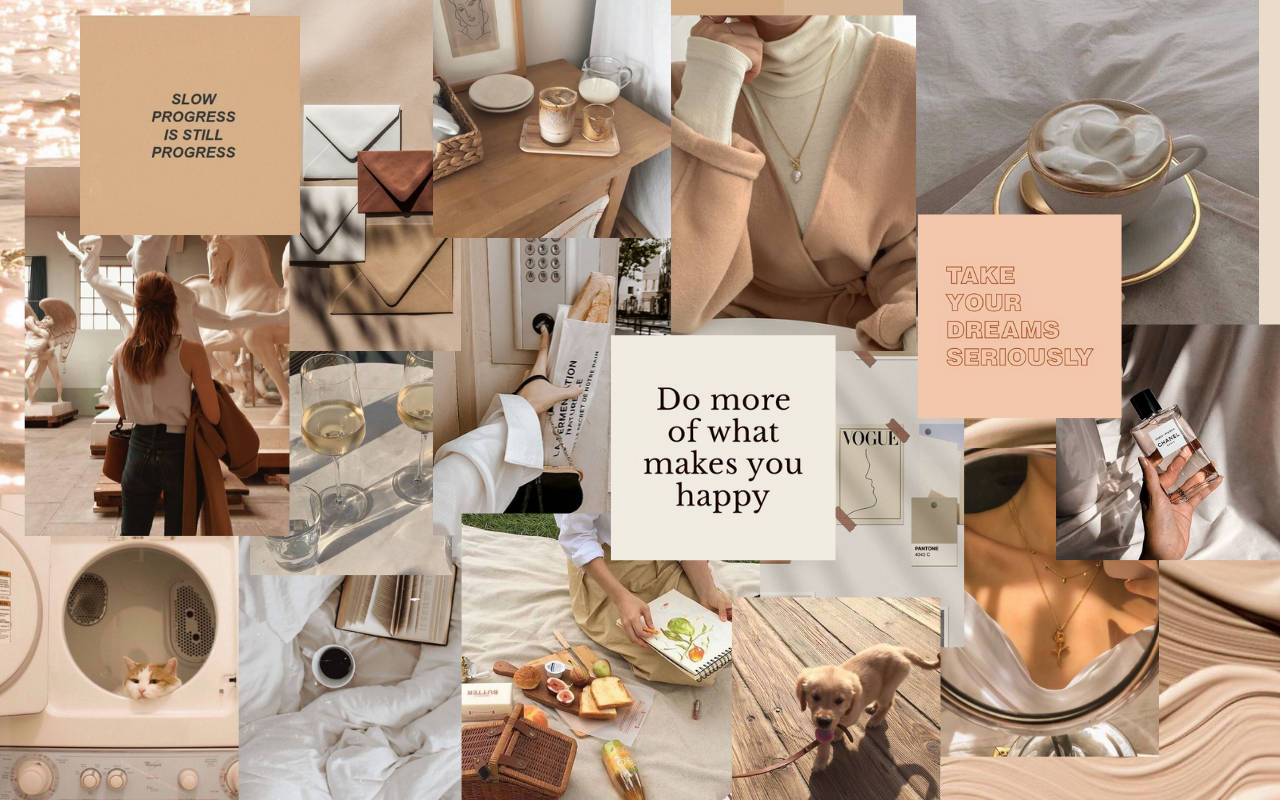 Søde hvalpe og katte collage beige æstetisk skrivebord Wallpapers