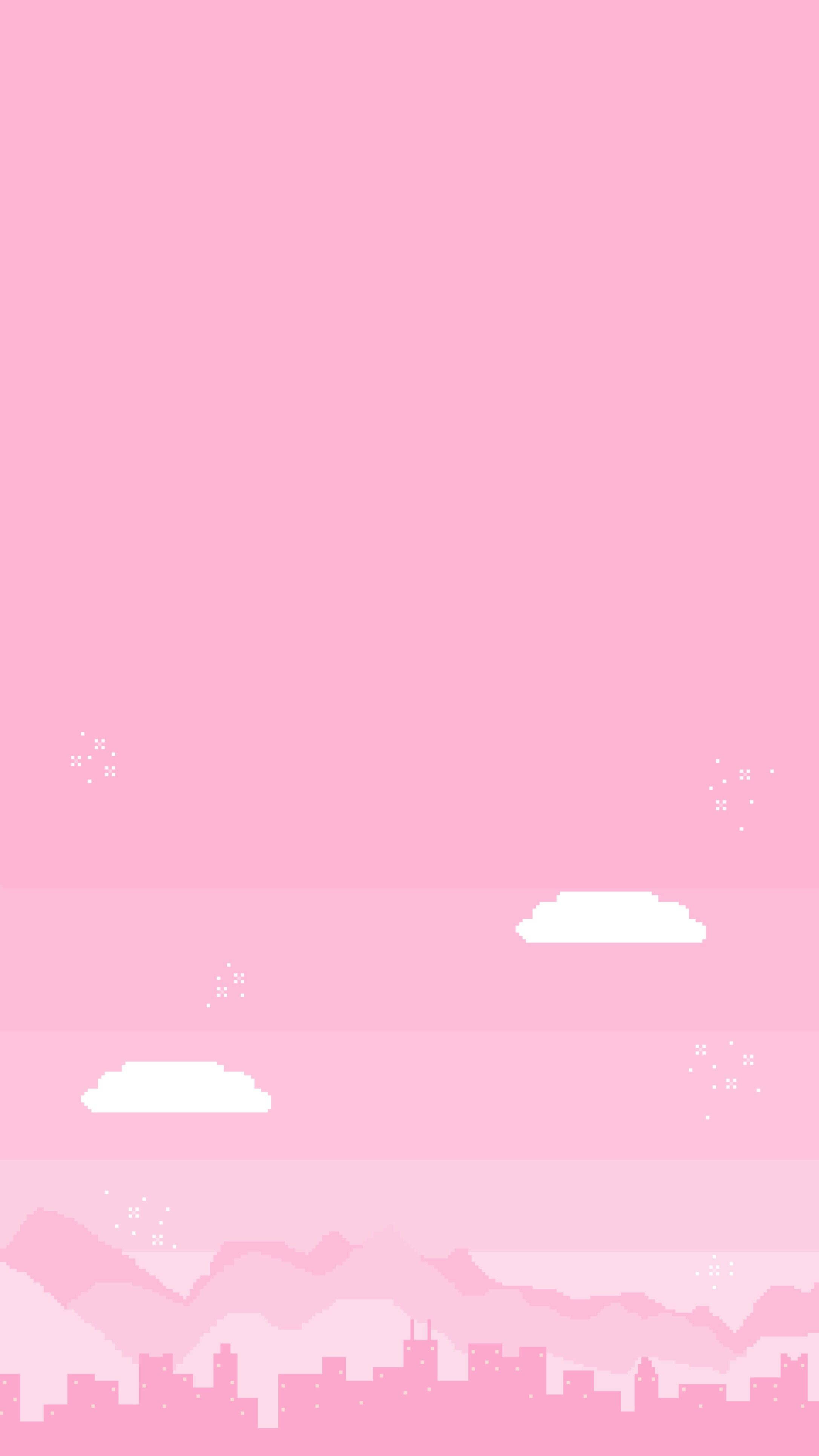 Søde lyserøde bjerge og bygningssilhuetter i æstetisk stil Wallpapers