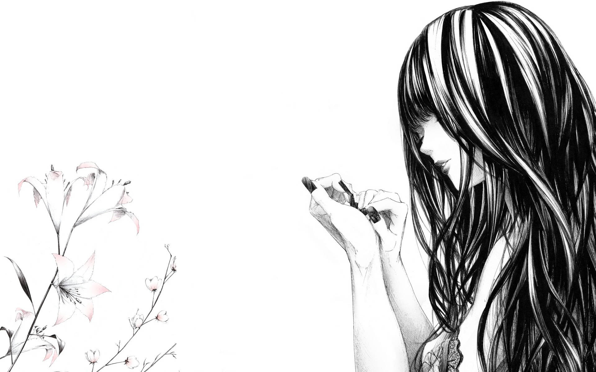 Sørgmodig animepige i sort og hvid Wallpapers