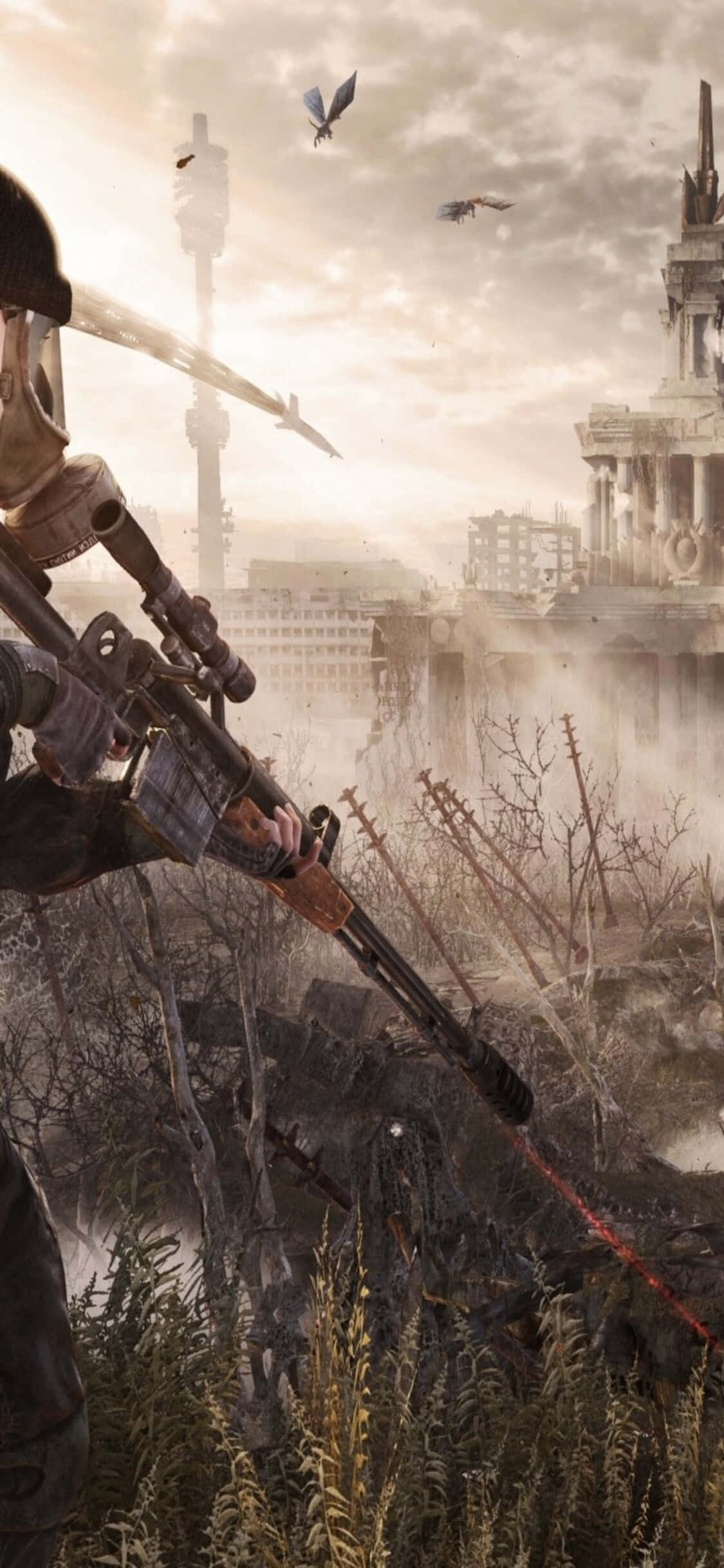Soldat går mod landsby iPhone X Metro Last Light baggrund Wallpapers