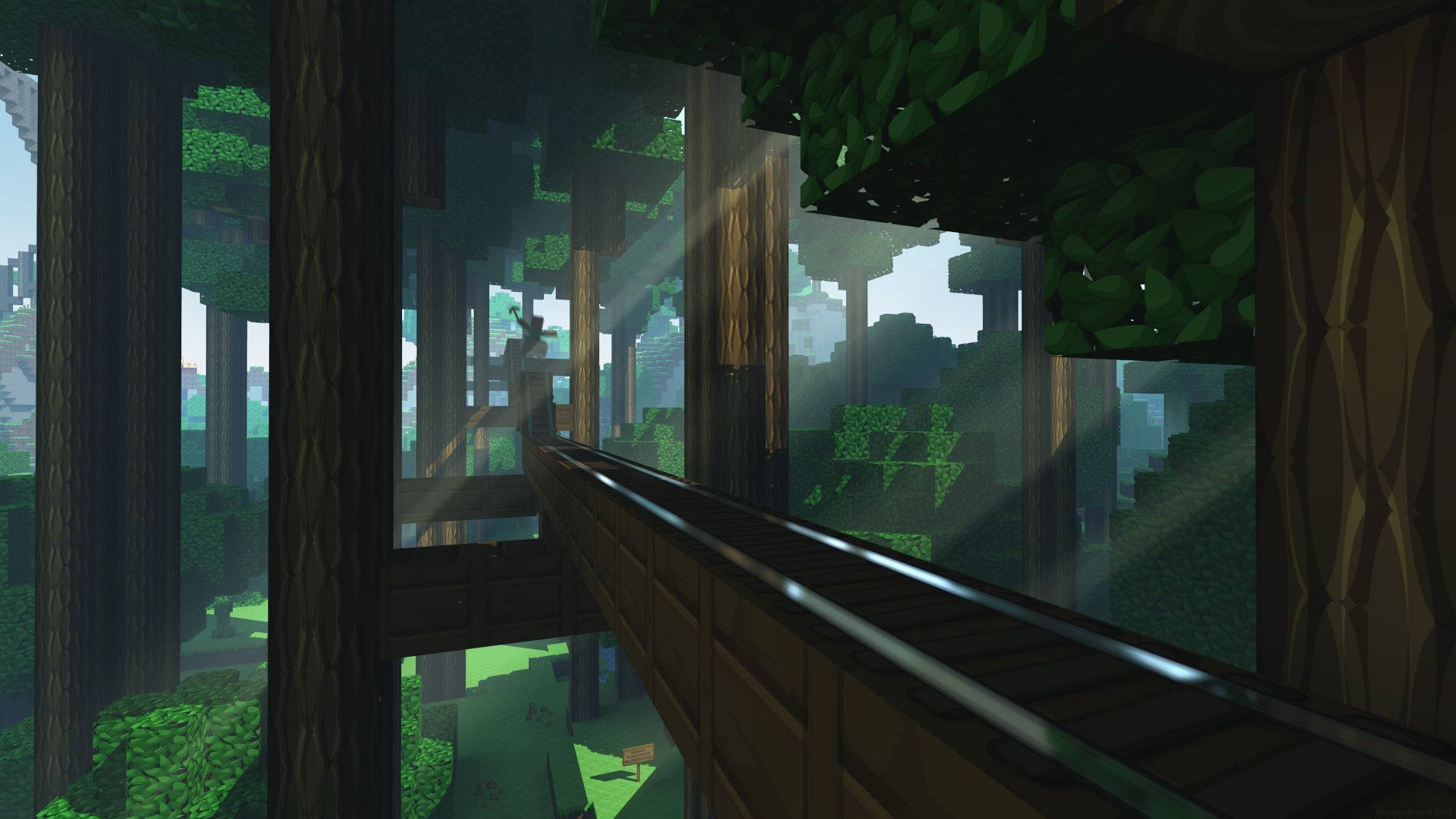 Solen skinner ned over en stor Minecraft-skov Wallpapers
