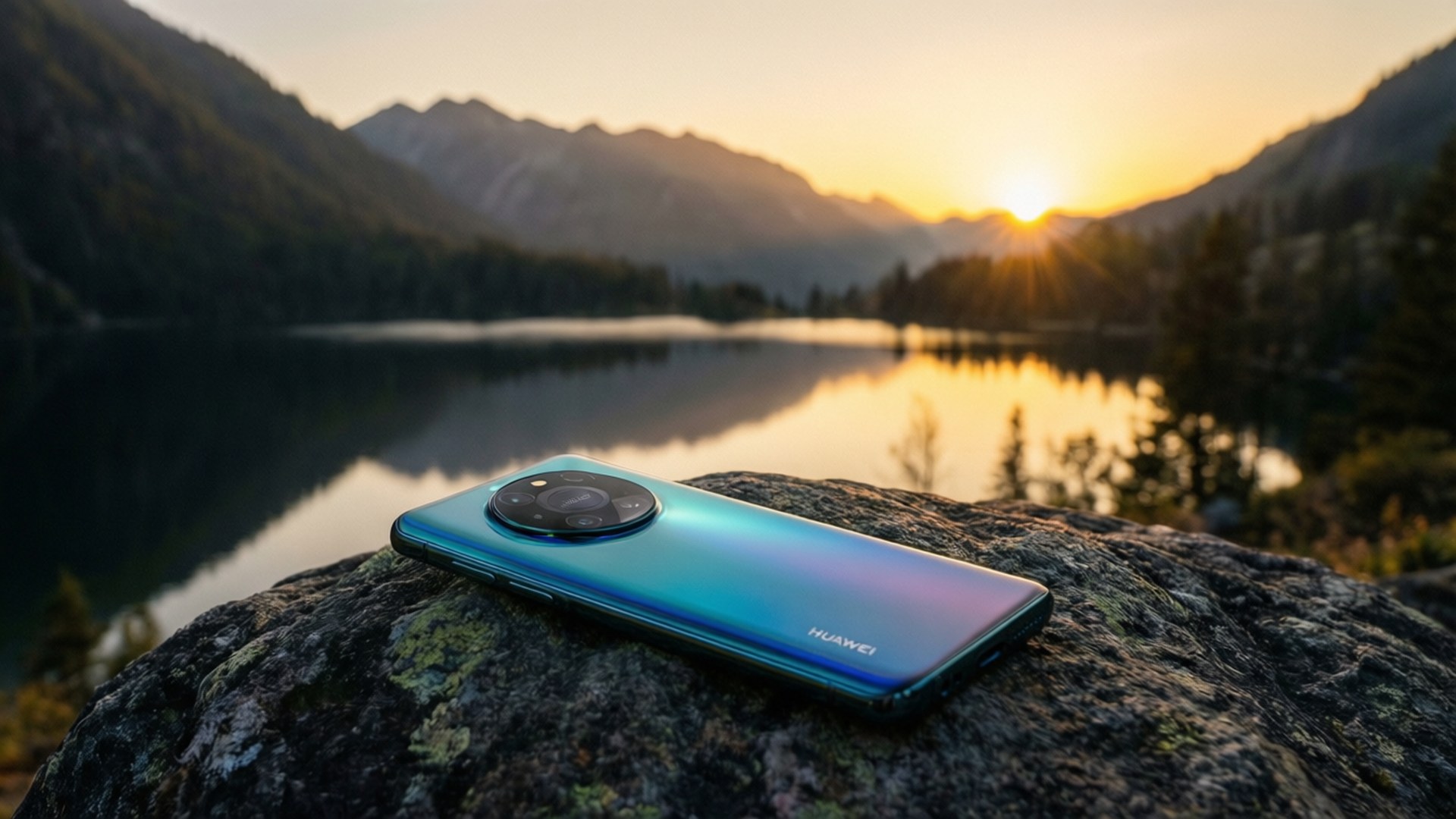 Solnedgang ved sø med Huawei Wallpapers
