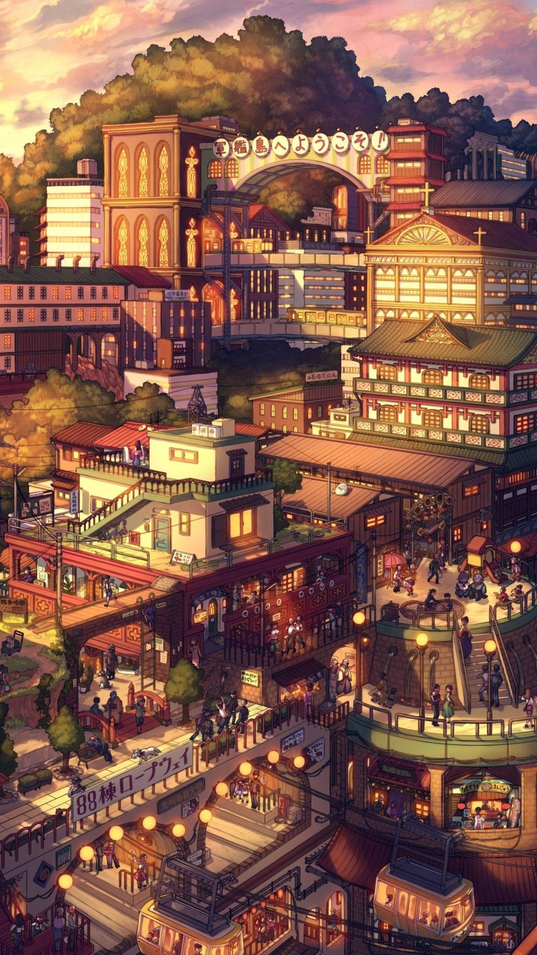 Solnedgangsby med japansk æstetik Wallpapers