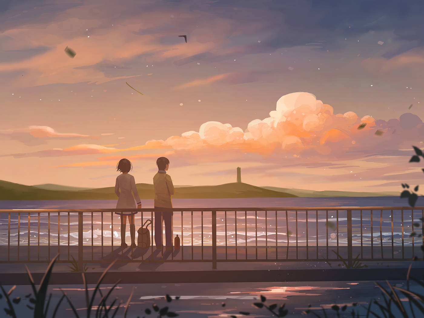 Solnedgangsudsigt Æstetisk Anime-par Wallpapers