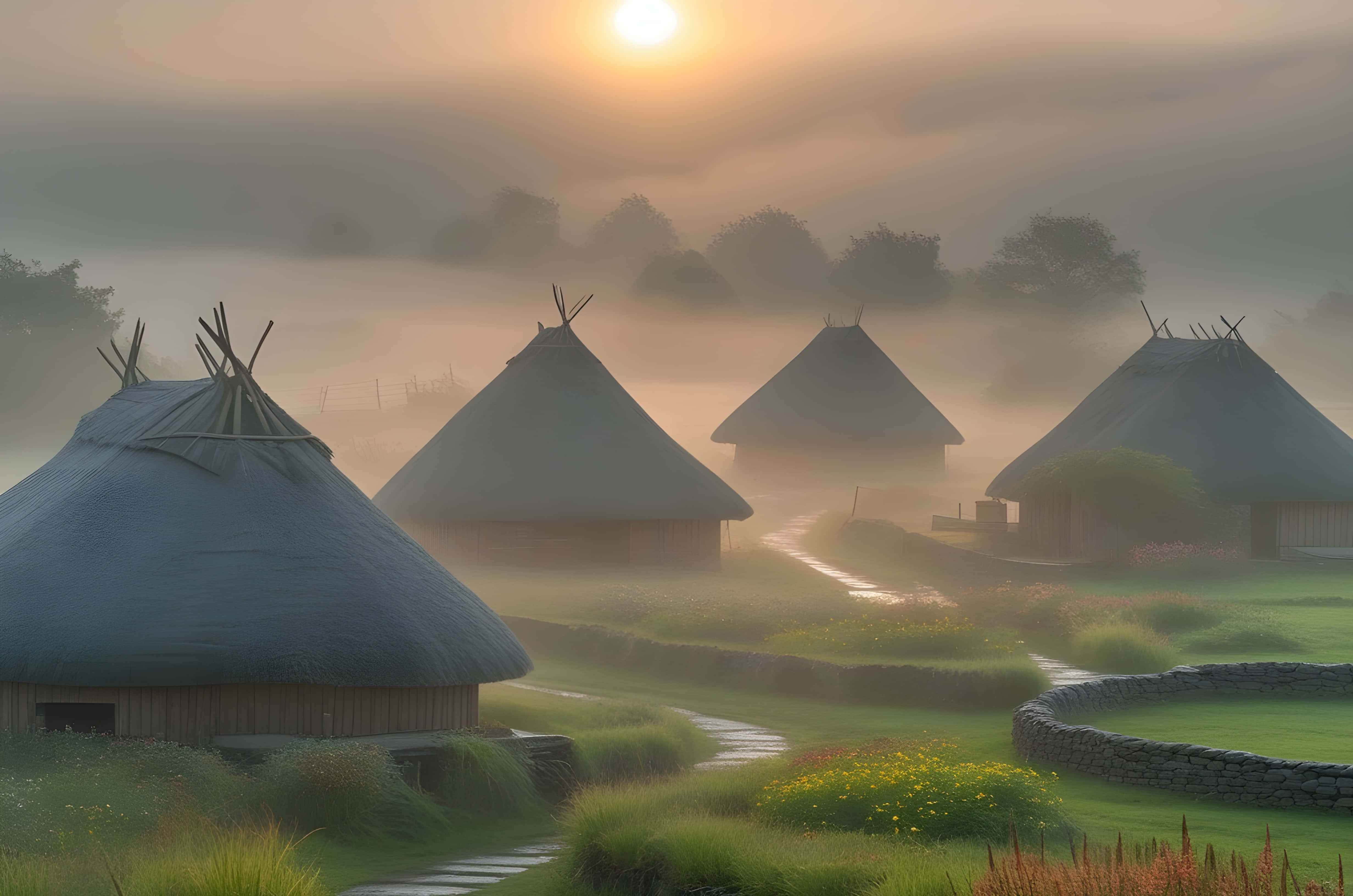 solopgang i landsbyen Wallpapers