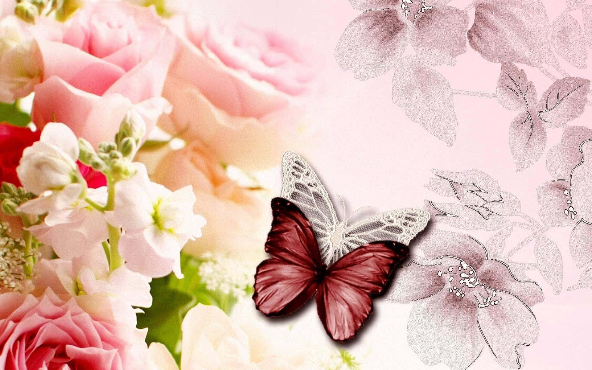 Sommerfugl med blomster flot skrivebord Wallpapers