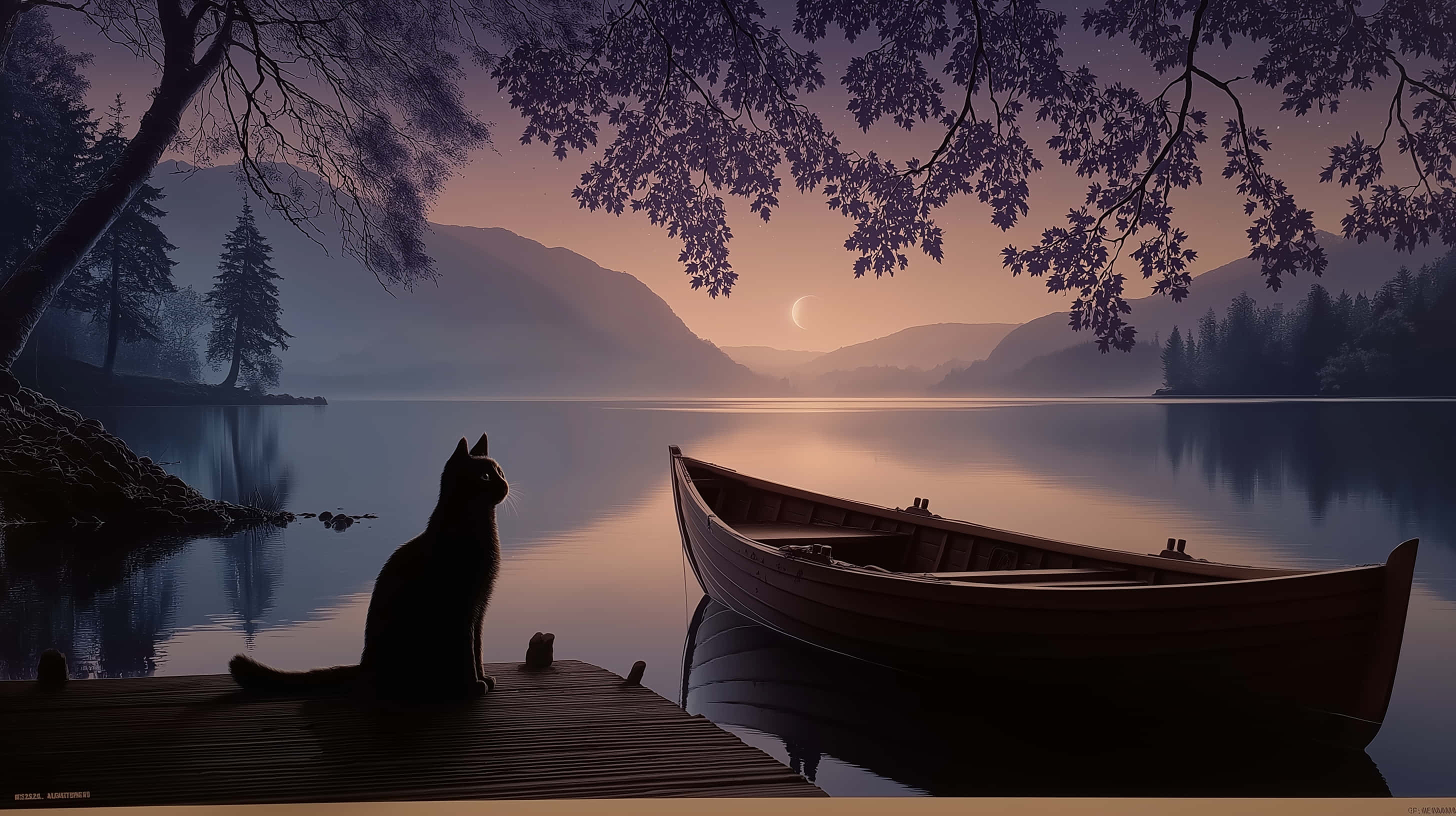 Sort kat på bro ved sø under mystisk tusmørke Wallpapers