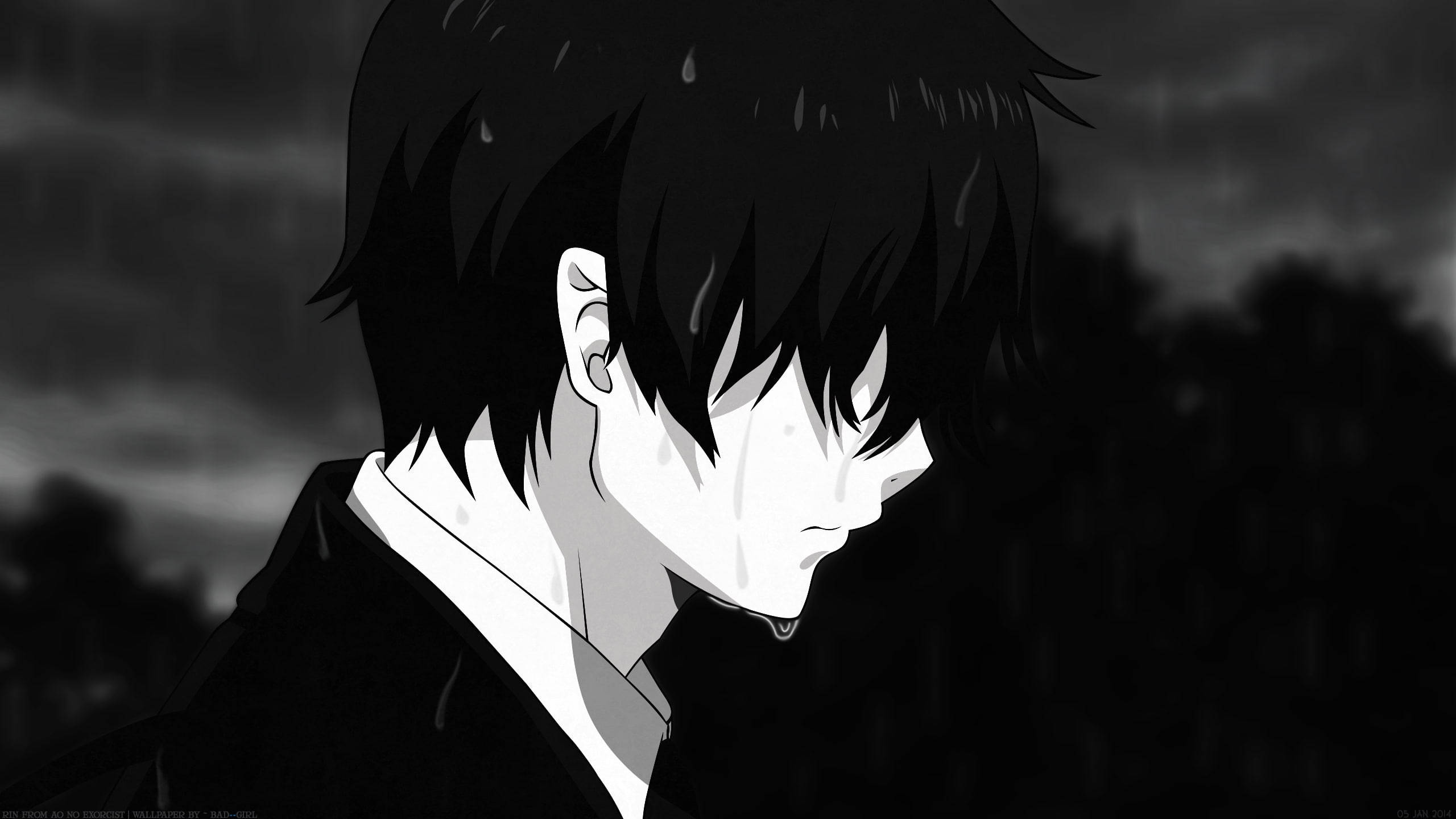 Sort og hvid melankolsk anime-dreng Wallpapers