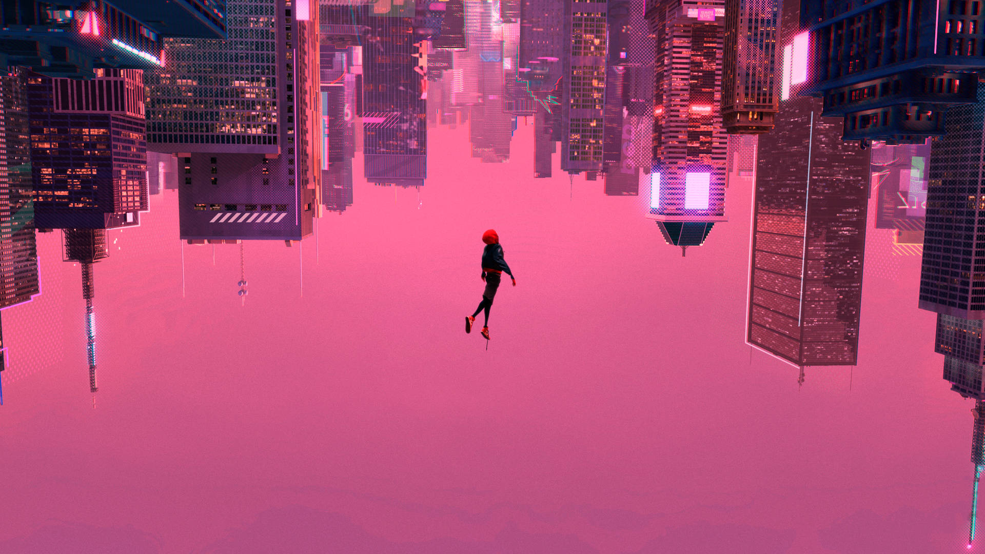 Spider-Man svæver yndefuldt mod en lyserød baggrund Wallpapers