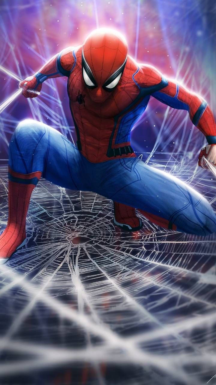 Spider-Man svinger mellem skyskrabere på en spindeltråd Wallpapers