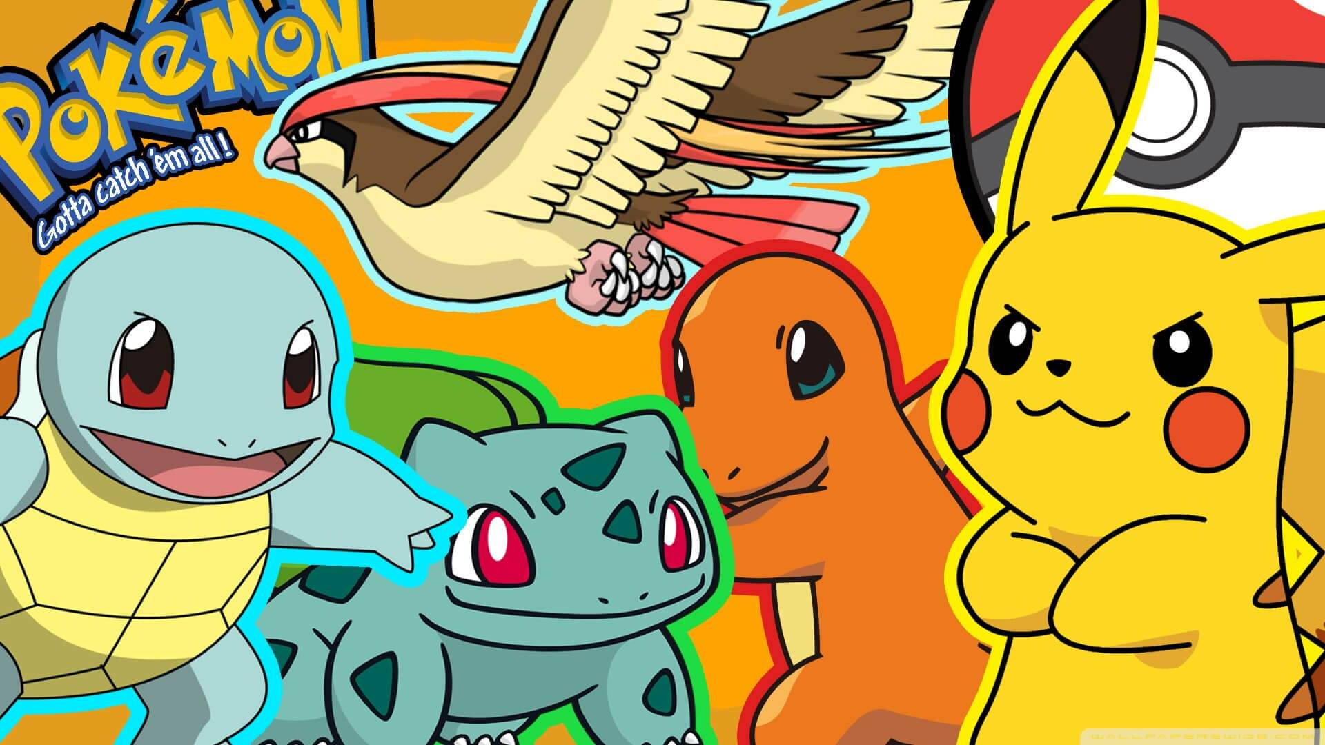 Sødt Squirtle, Bulbasaur, Charmander og Pikachu Pokemon tapet. — Pikachu Wallpapers