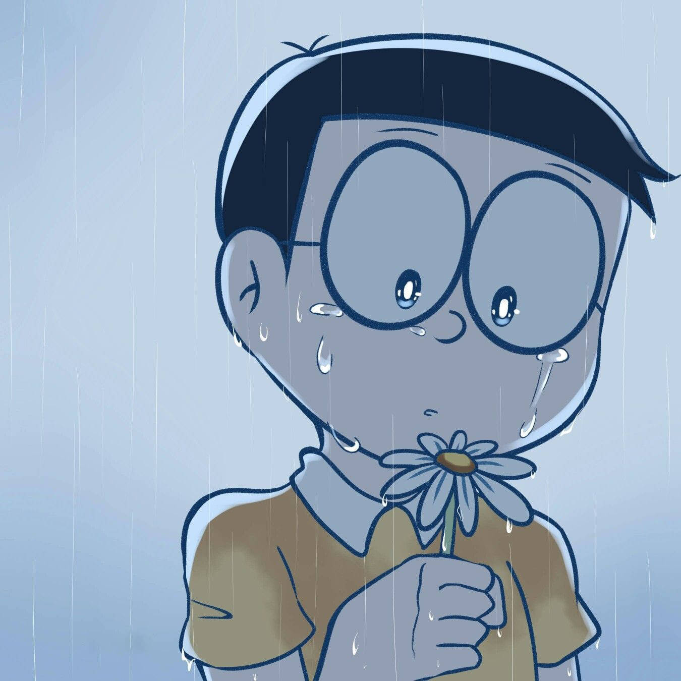 Sørgmodig Nobita holder blomst Doraemon Wallpapers