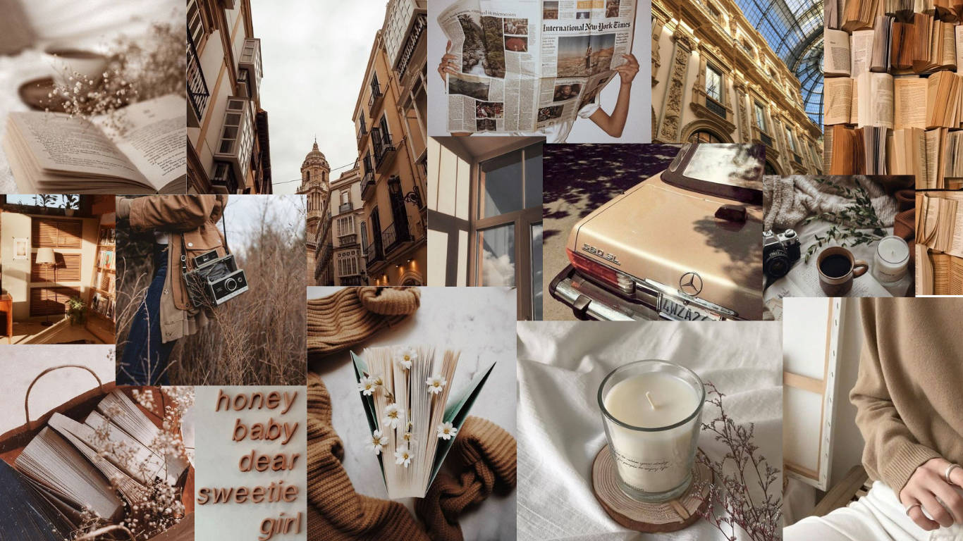 Stearinlys, kameraer og biler beige æstetisk skrivebord Wallpapers