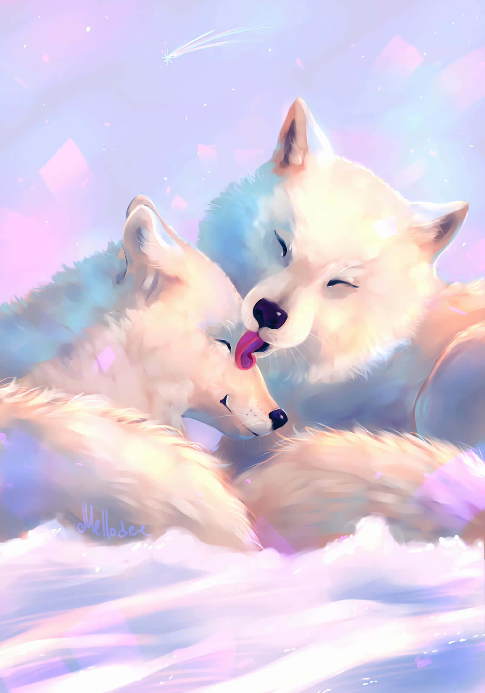 Æstetisk animeret billede af hvide ulve, der slikker Wallpapers