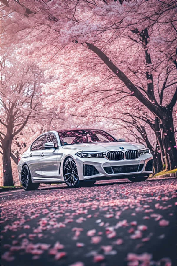 Æstetisk forårsslank hvid BMW under kirsebærblomster Wallpapers