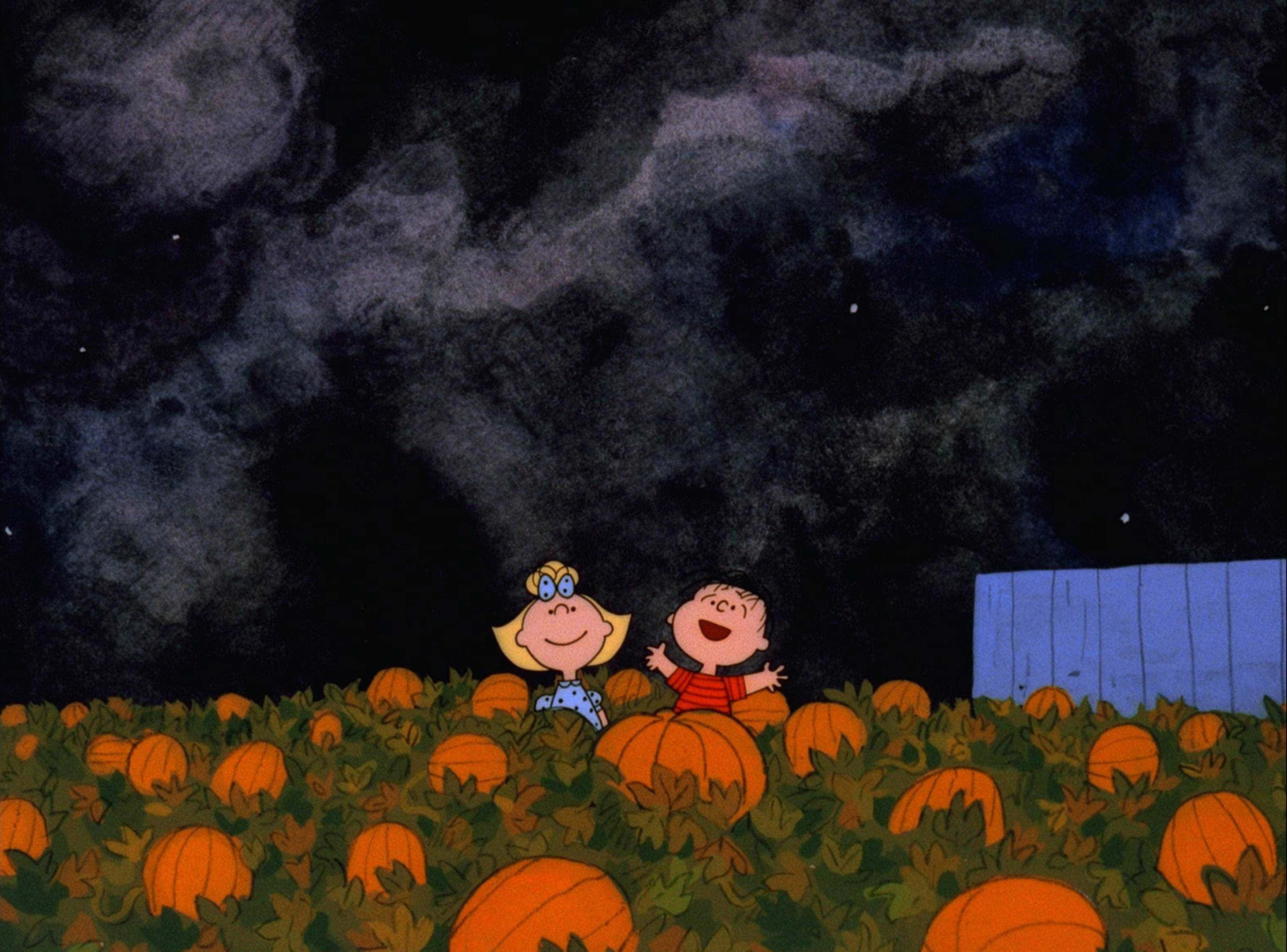 Æstetisk Halloween baggrund med Peanuts-figurer i græskarmark Wallpapers