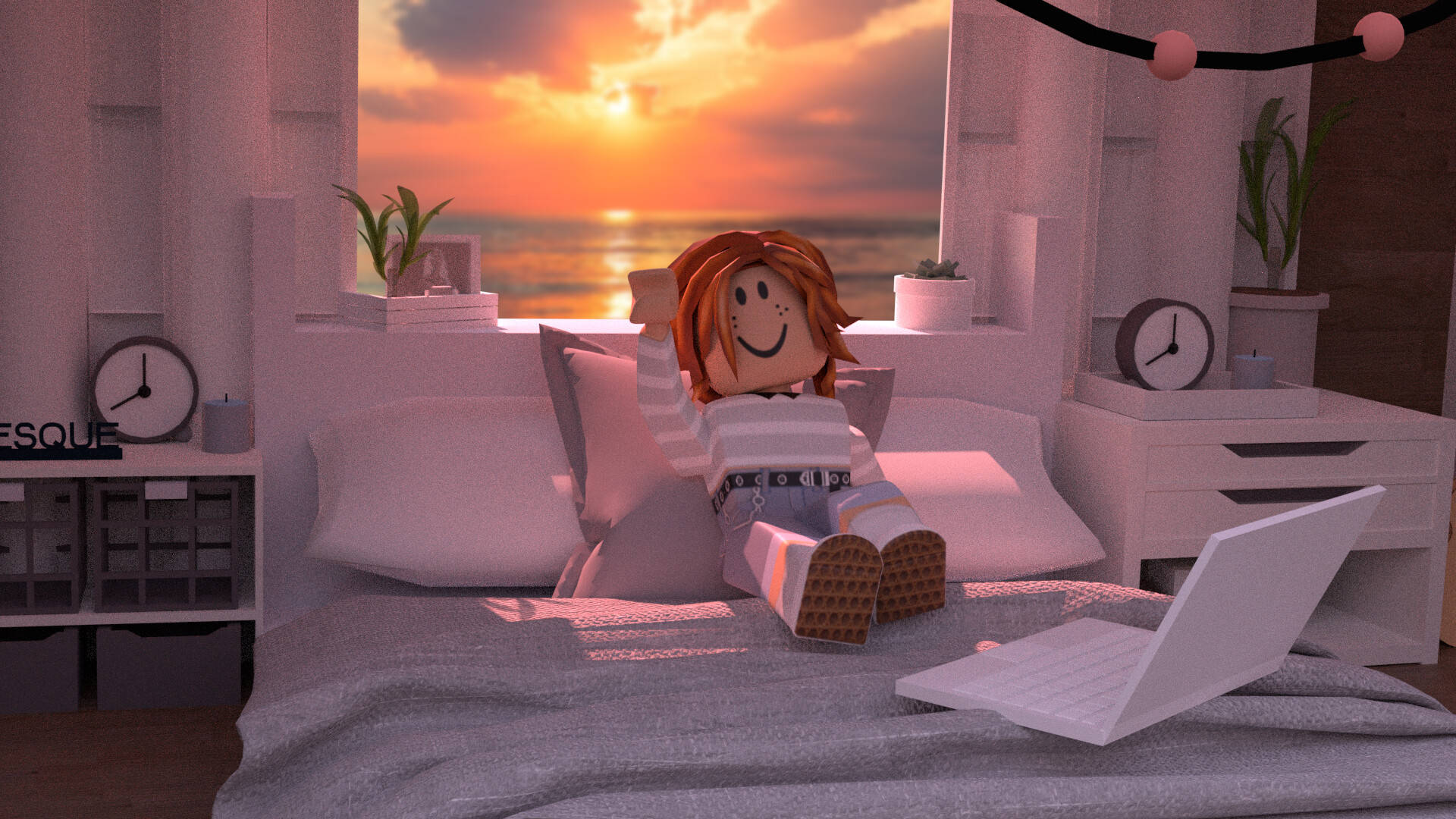 Æstetisk Roblox-pige i hvidt soveværelse Wallpapers