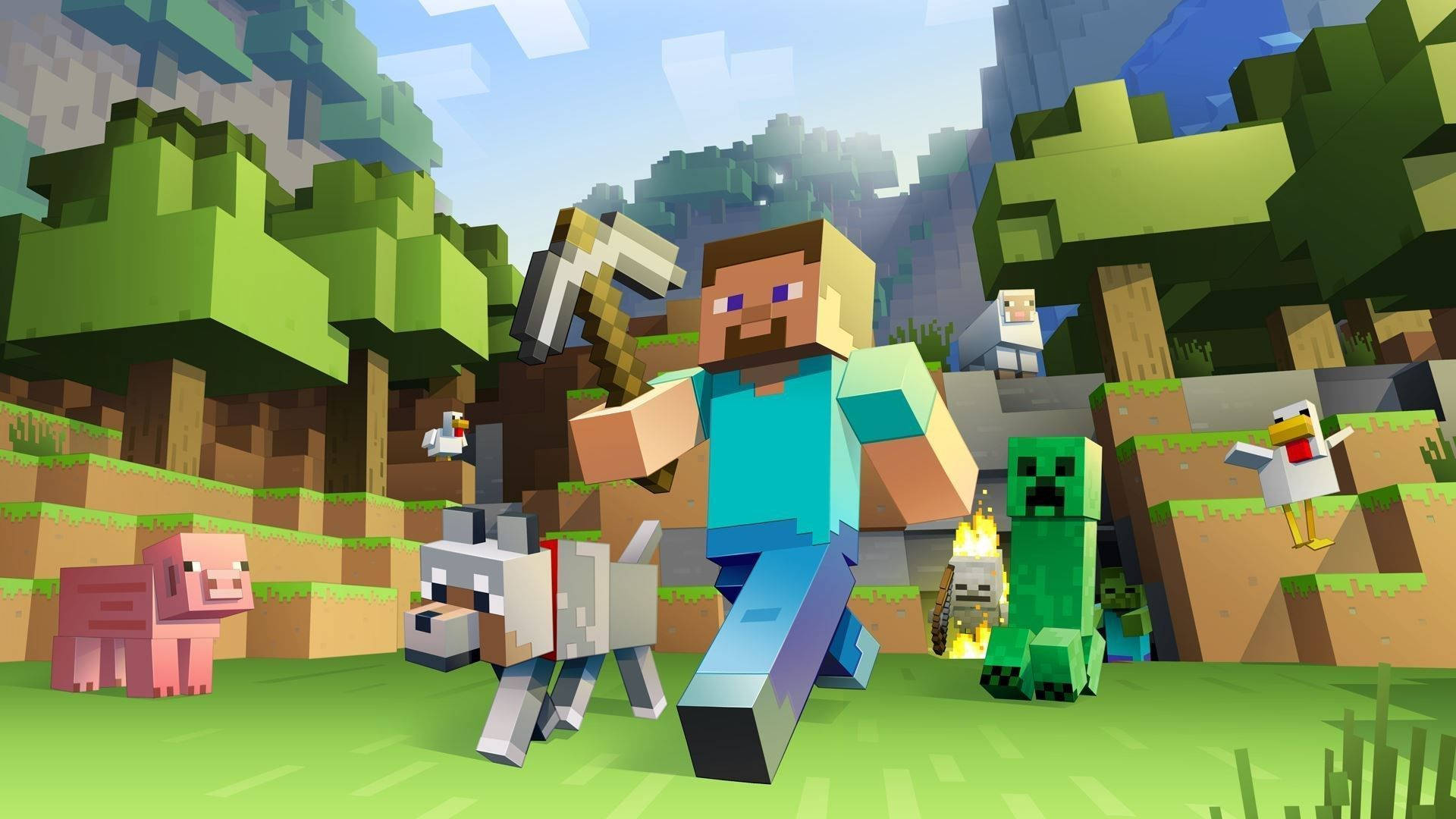 Steve og dyr bevæger sig i Minecraft Wallpapers