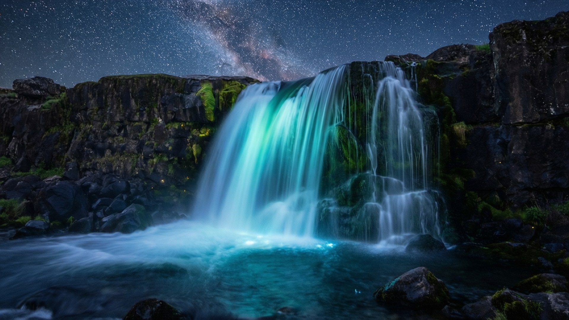 Stjerneskinnende Vandfald OLED Wallpapers