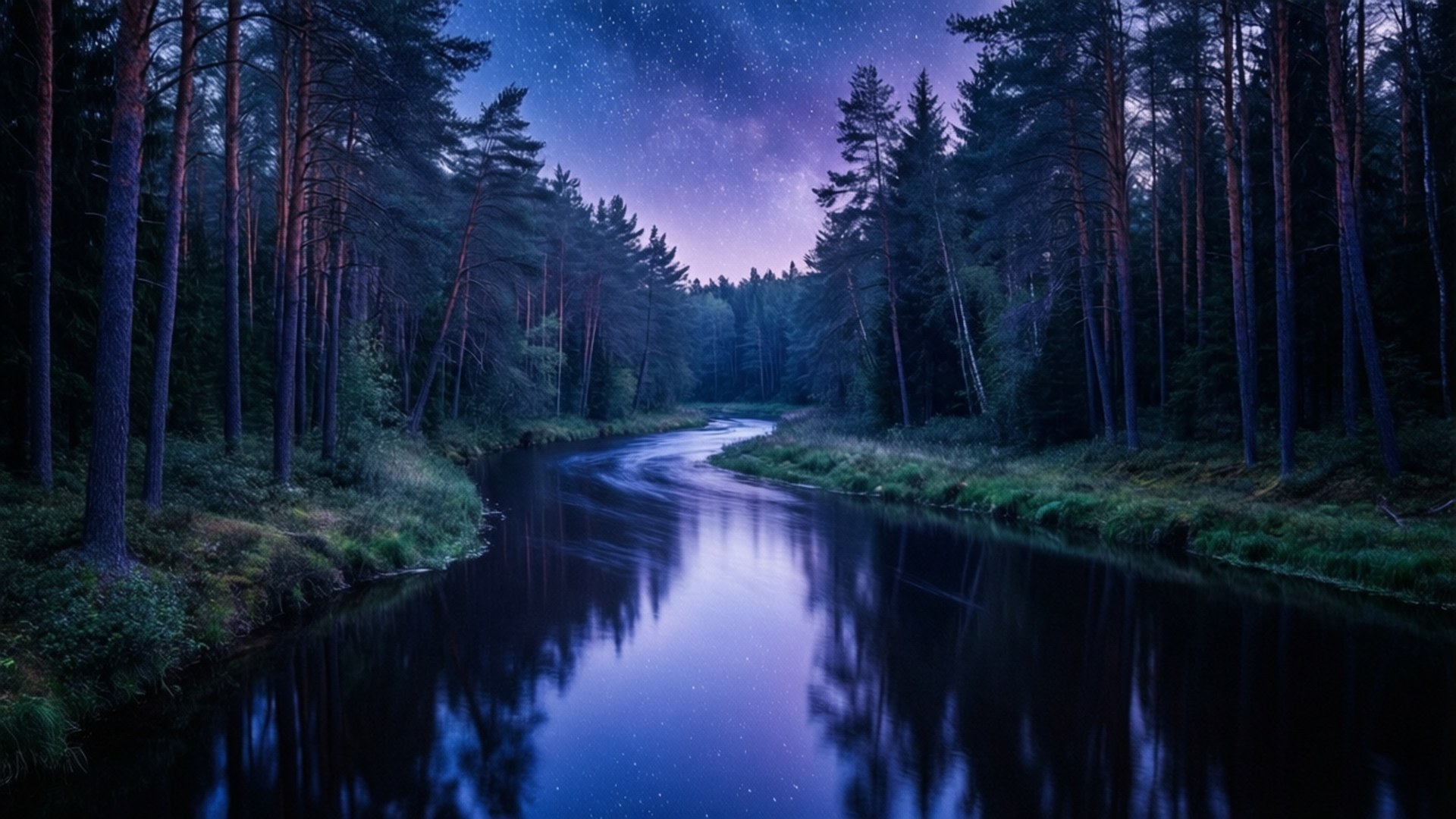 Stjernestrømmende flod gennem mørk skov Wallpapers