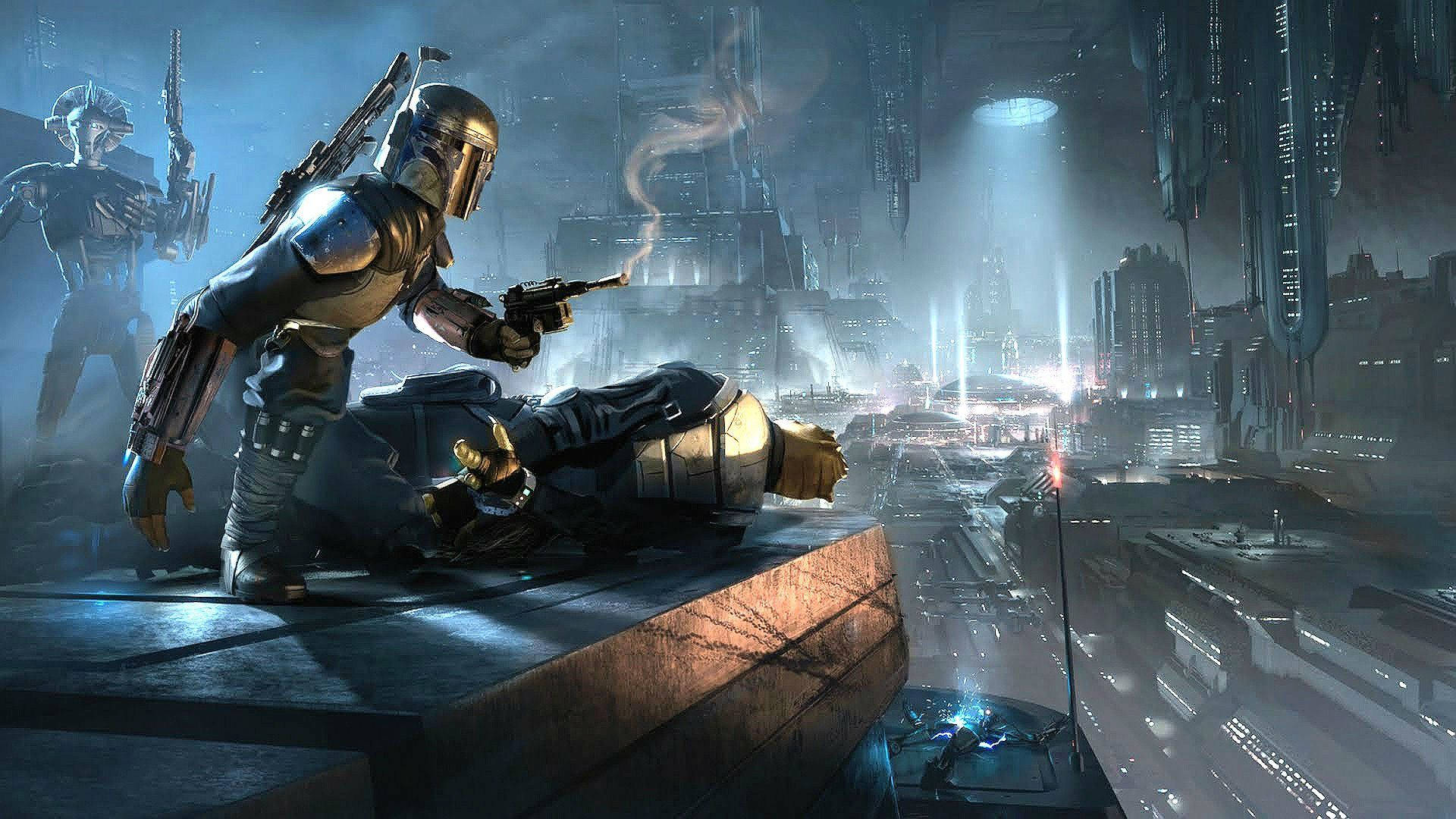 Star Wars-baggrundsbillede af en Stormtrooper i kamp på en moderne futuristisk byplanet — Star Wars Wallpapers
