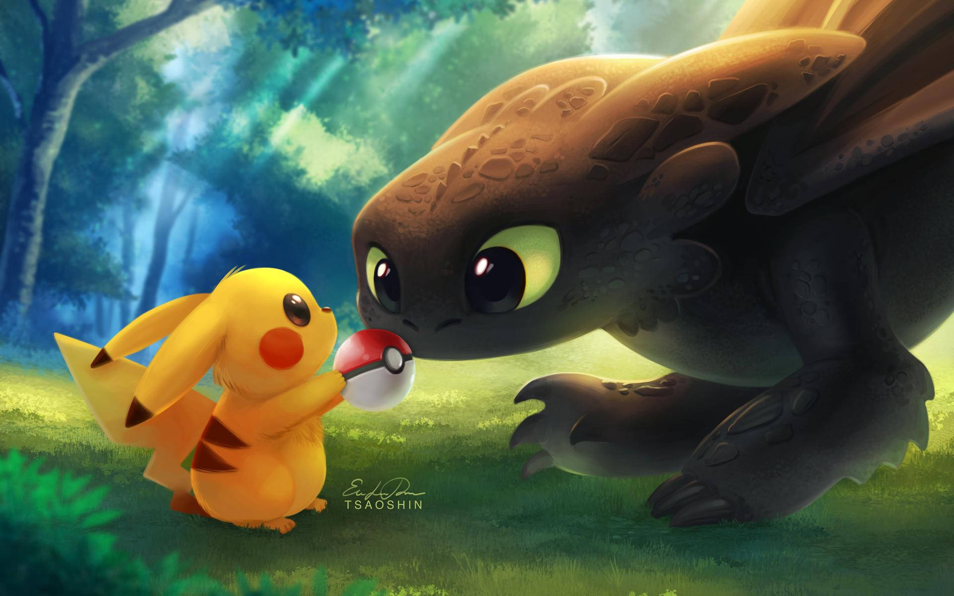 Støtte til to virkelige legender – Pikachu og Tandløs Wallpapers