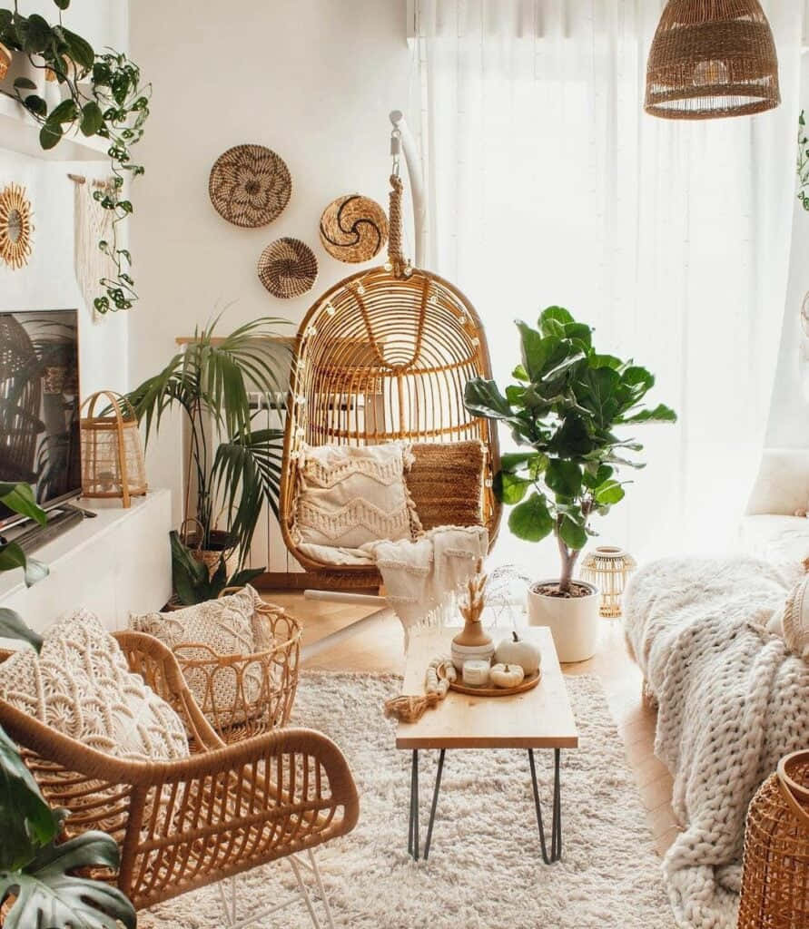 stue med mange planter og kurvemøbler Wallpapers
