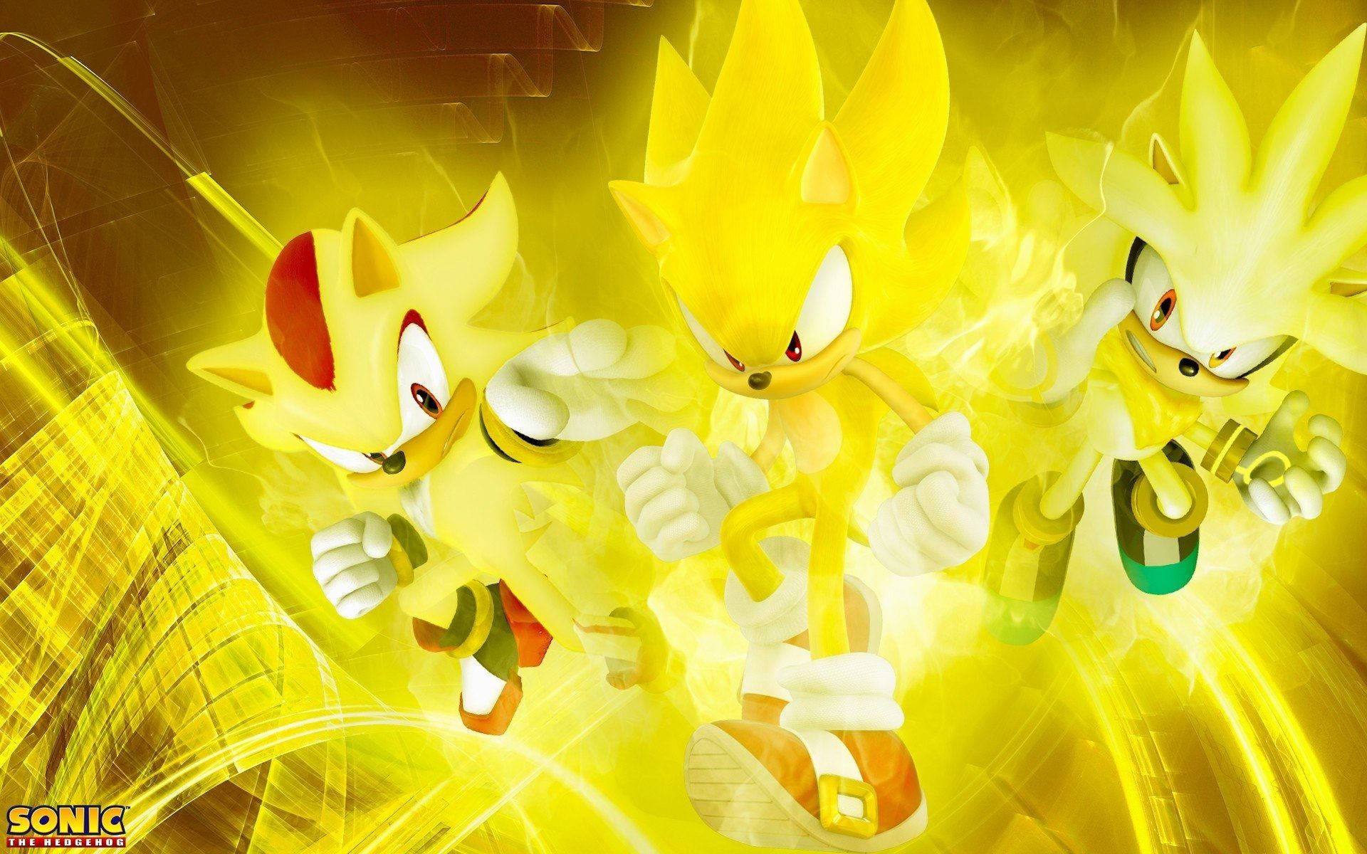 Baggrundsbillede af tre Super Sonic, der lyser op. — Sonic Wallpapers