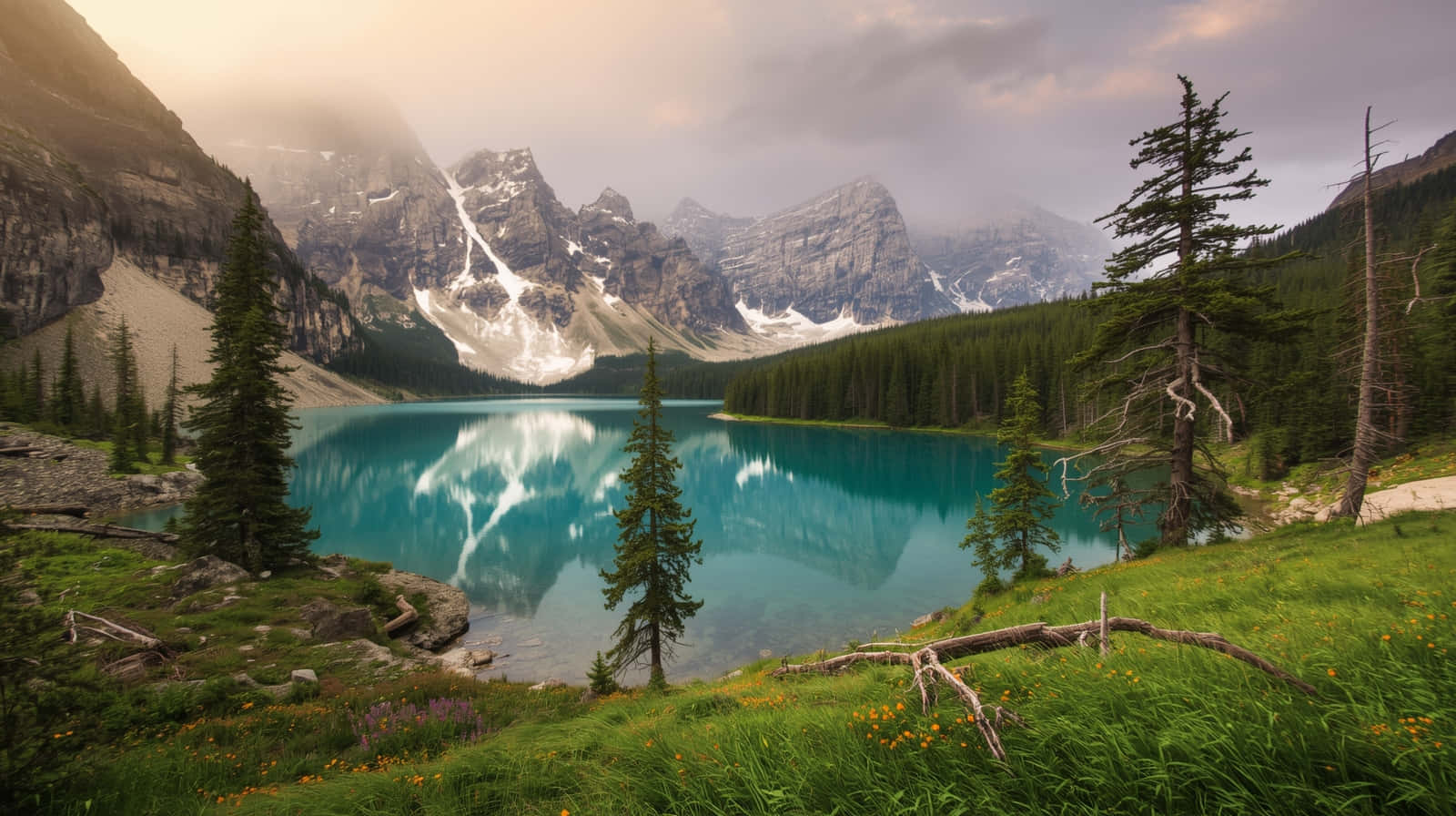 Tåge over Moraine-søen og turkis bjergrefleksion baggrund Wallpapers