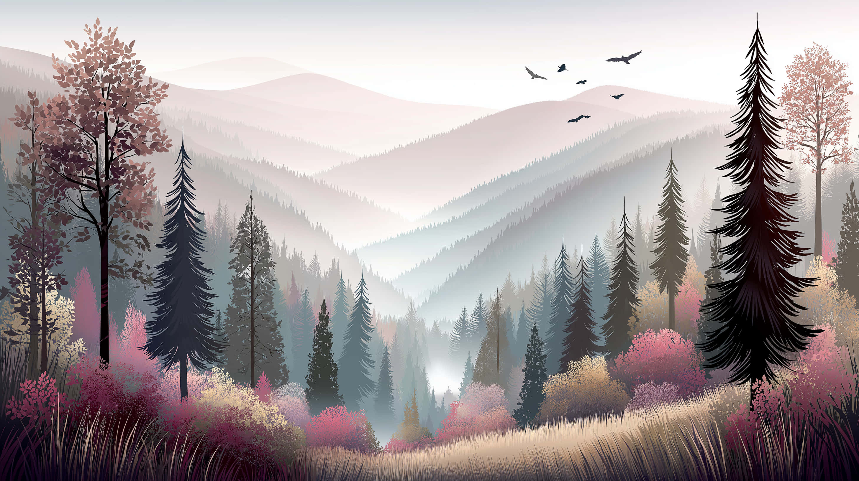 Tåget bjergskovslandskab med levende løv Wallpapers