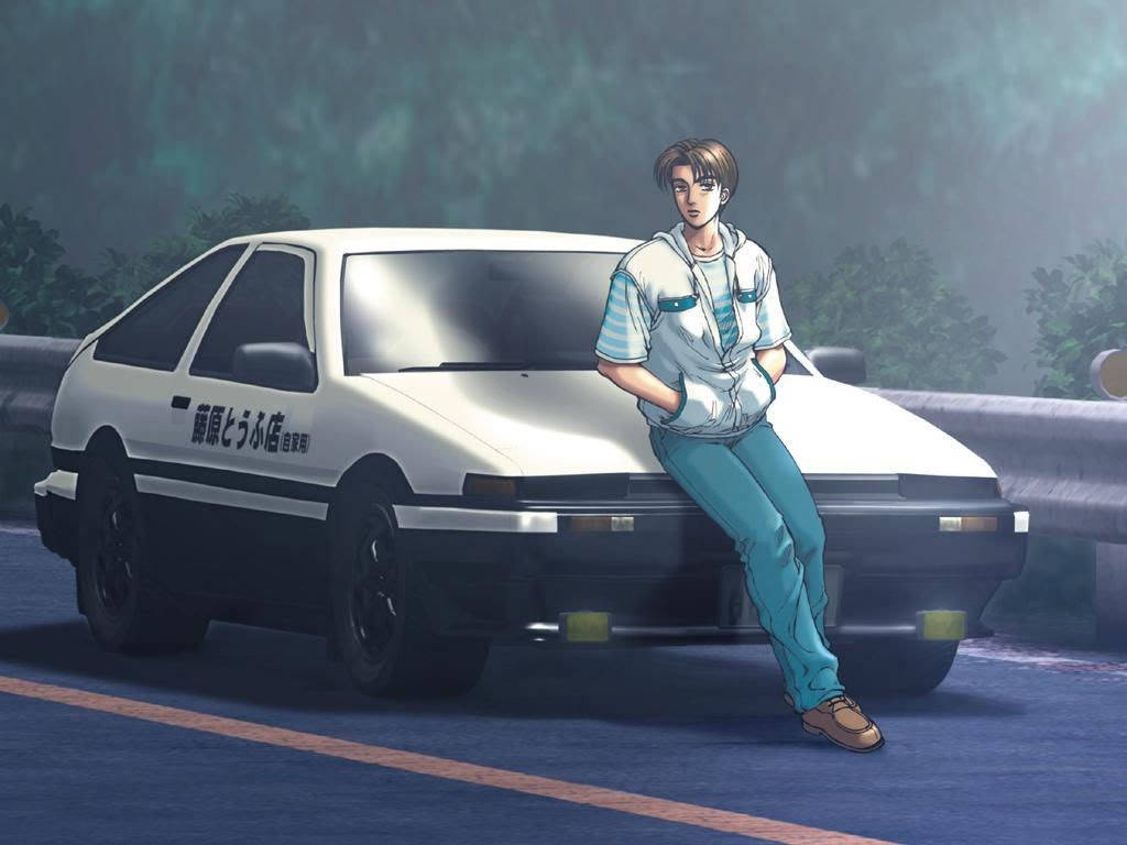 Takumi Fujiwara svævende over sin racerbil i animeret pragt. Wallpapers