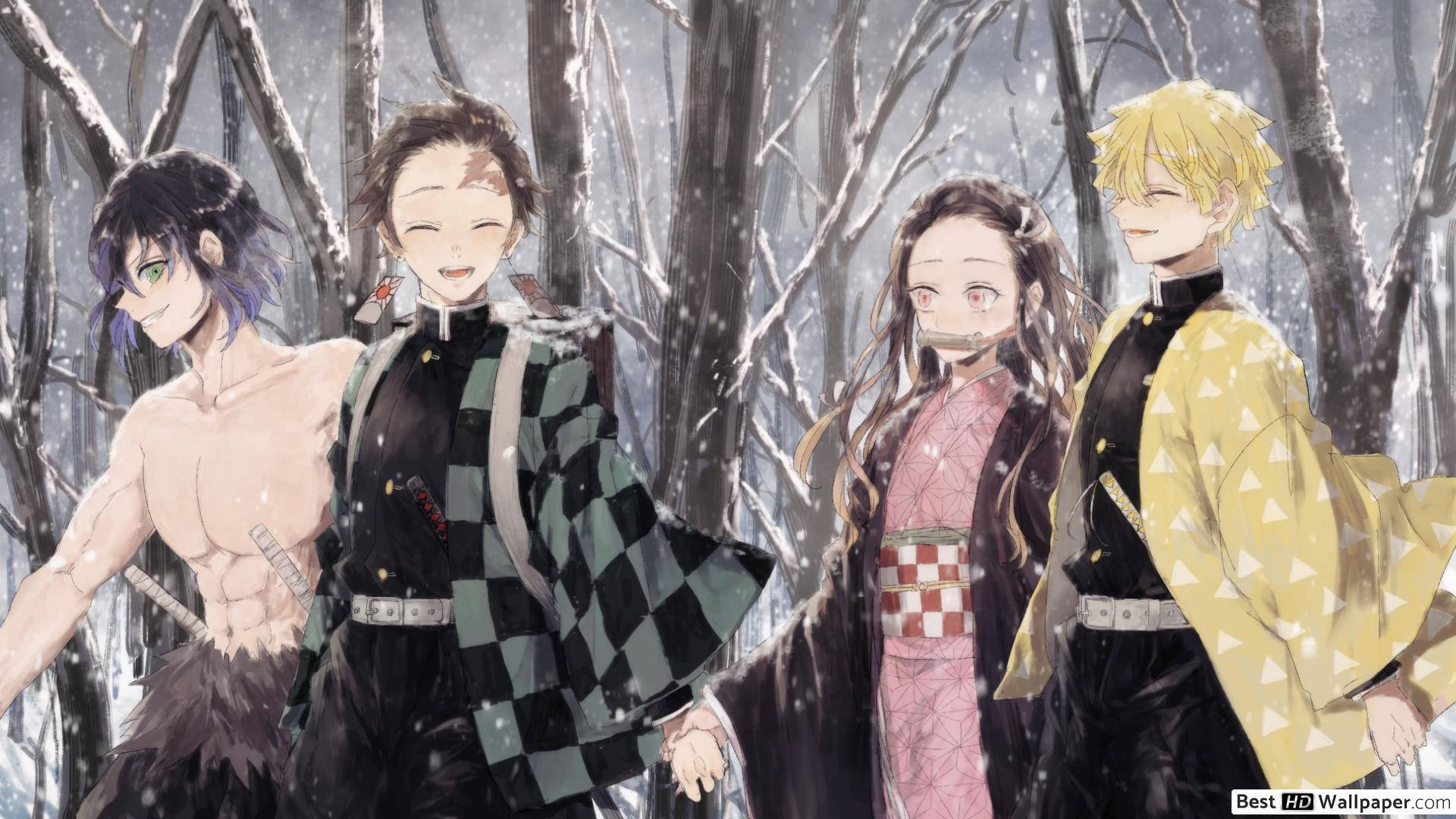 Tanjiro, hovedpersonen i Demon Slayer, og hans allierede klar til kamp. Wallpapers