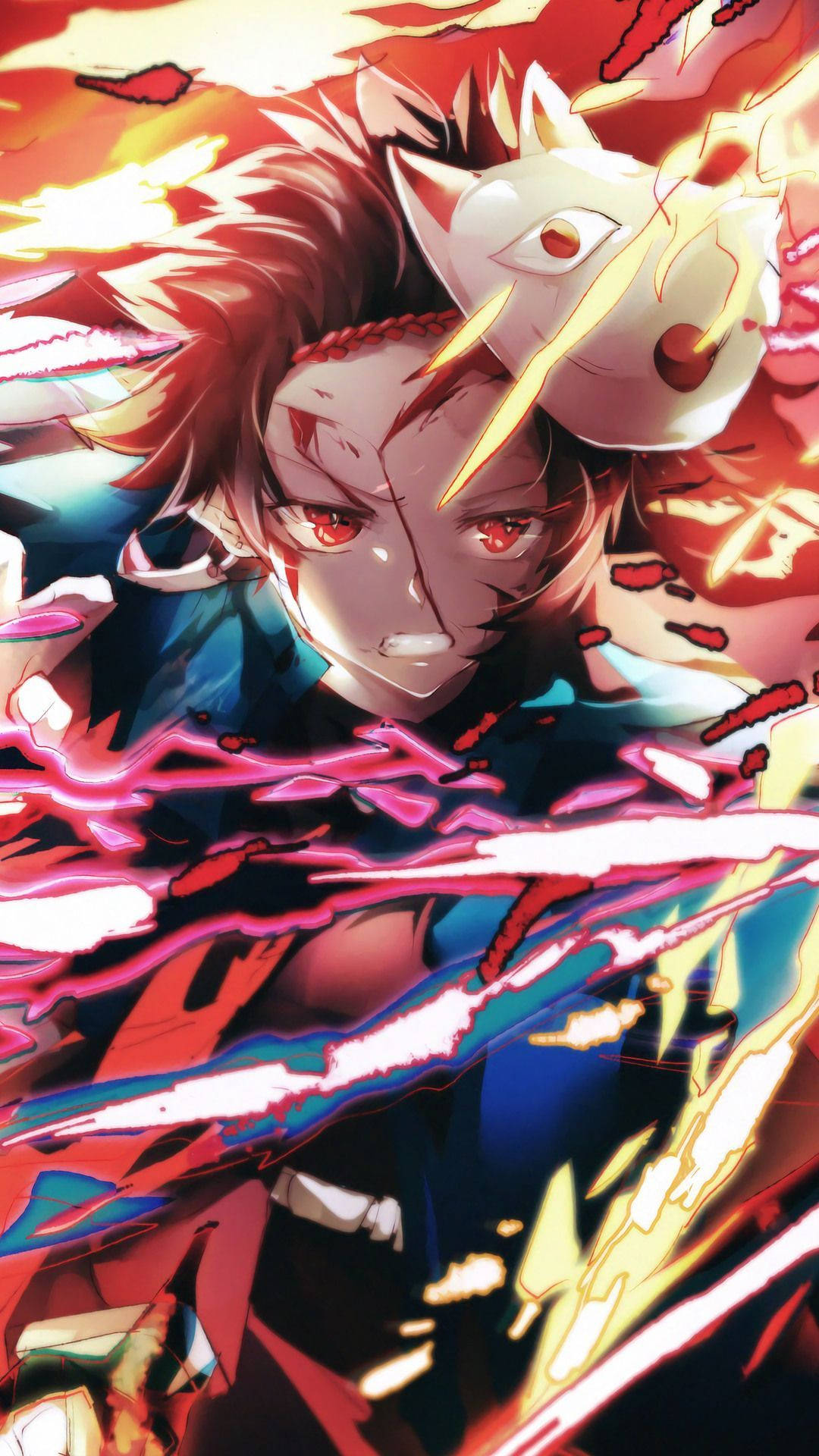 Tanjiro Kamado med maske og ild Wallpapers